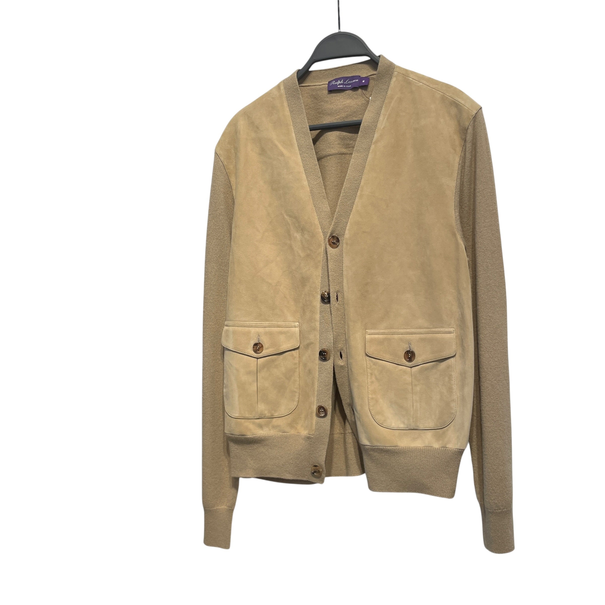 POLO RALPH LAUREN/Sweater/M/Cotton/BEG/SUEDE LEATHER CARDIGAN view 1