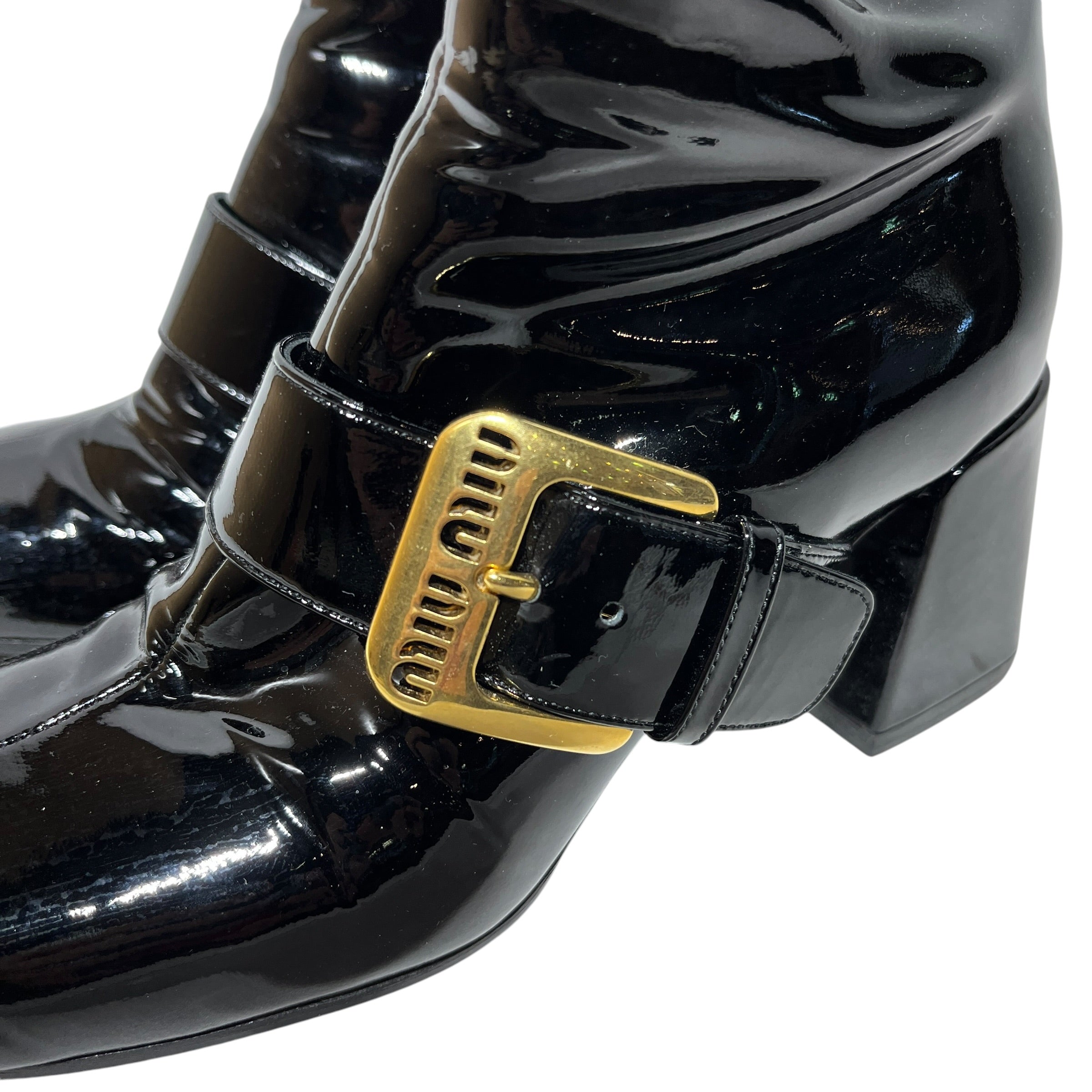MIU MIU/Ankle Boots/US 6/Leather/BLK/Gold Buckle view 3