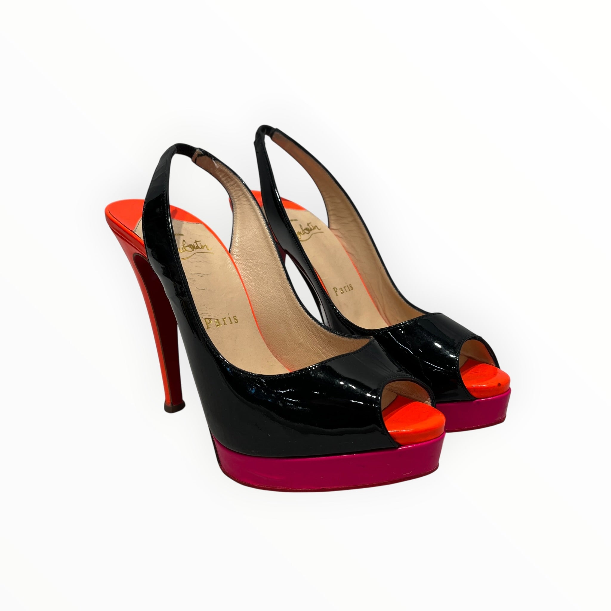 Christian Louboutin/Heels/EU 36.5/Leather/BLK/PEEP TOE/ORN/PINK view 1