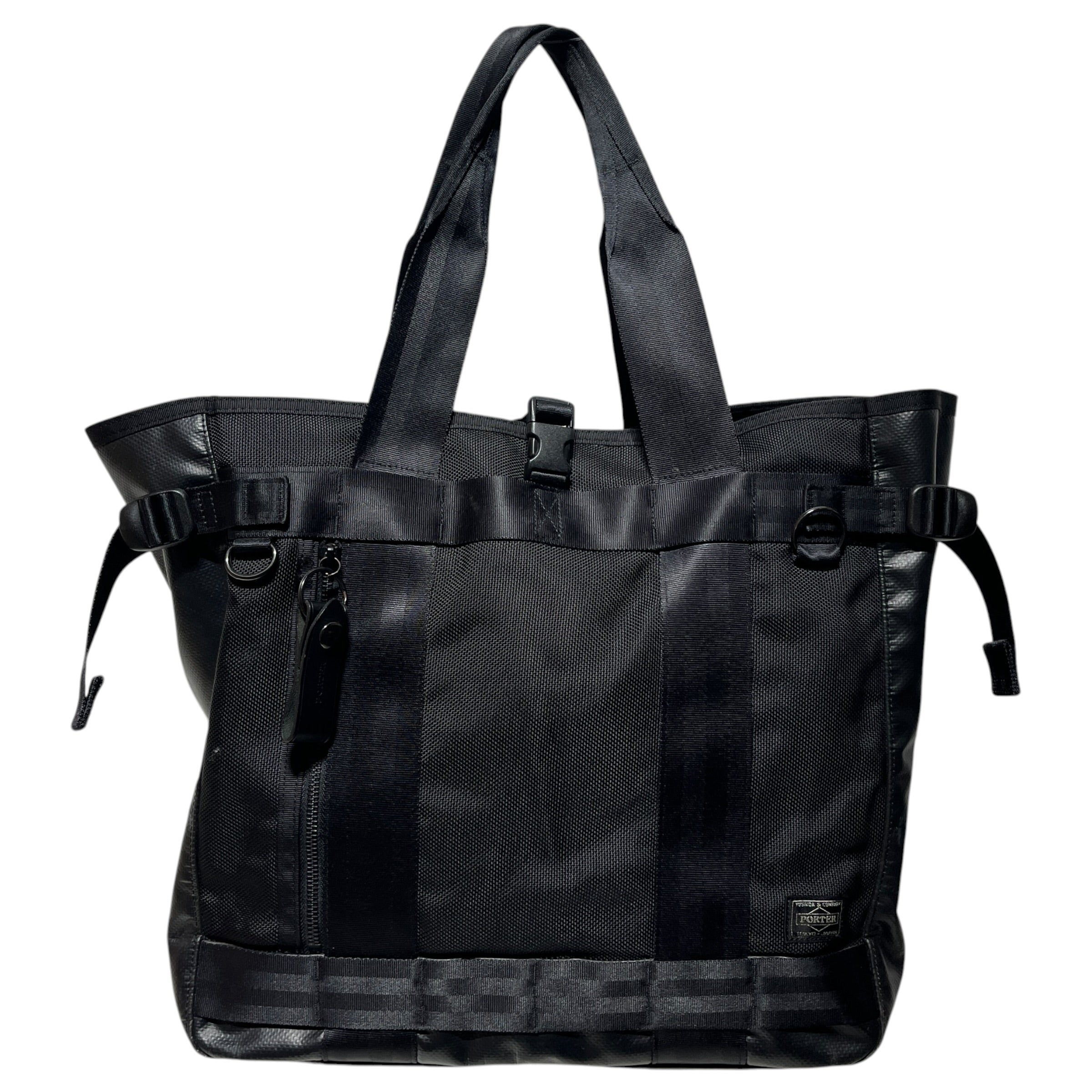 PORTER/Tote Bag/Leather/BLK/tote bag logo on bottom corner view 1