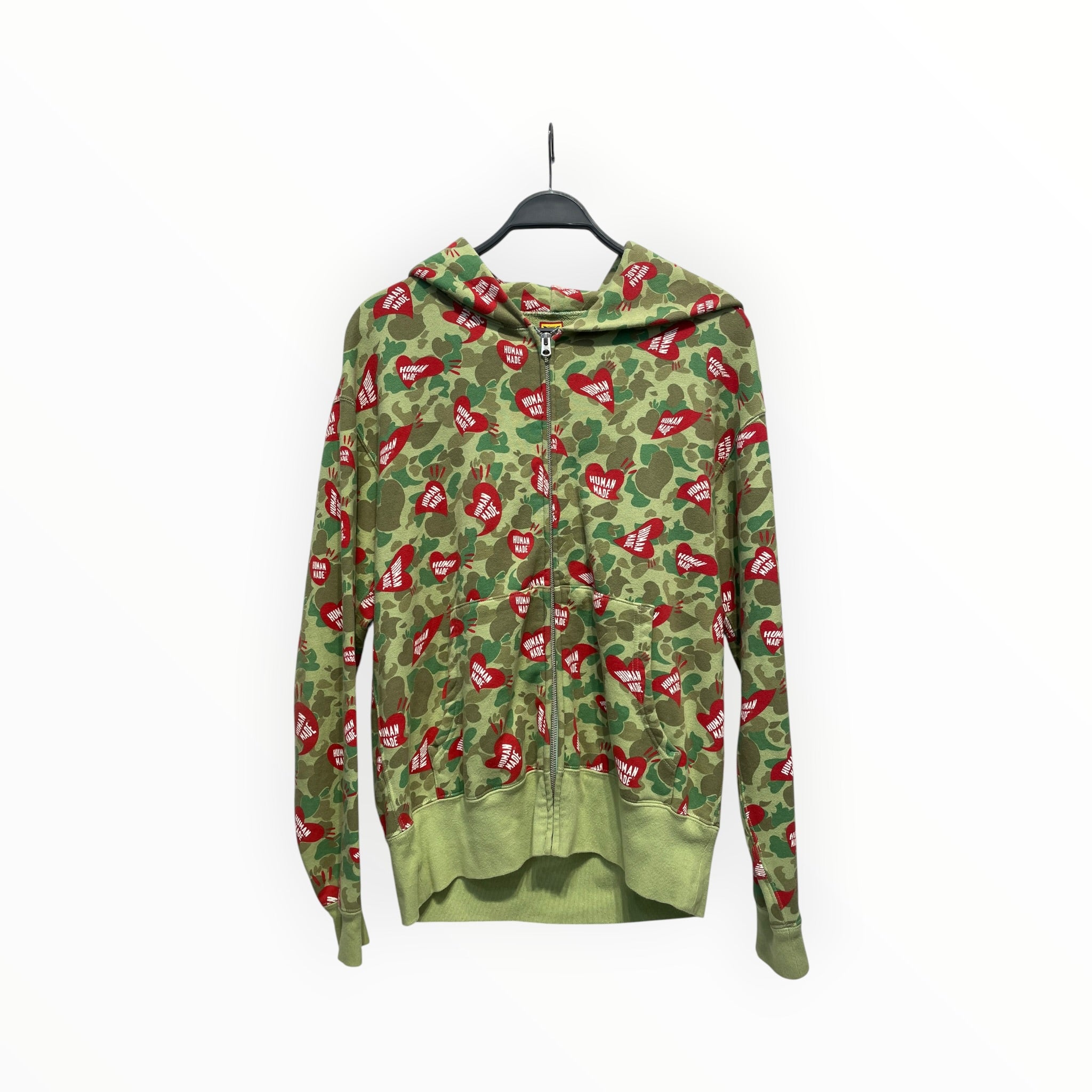 HUMAN MADE/Zip Up Hoodie/M/Camouflage/Cotton/GRN/camo and heart logo view 1