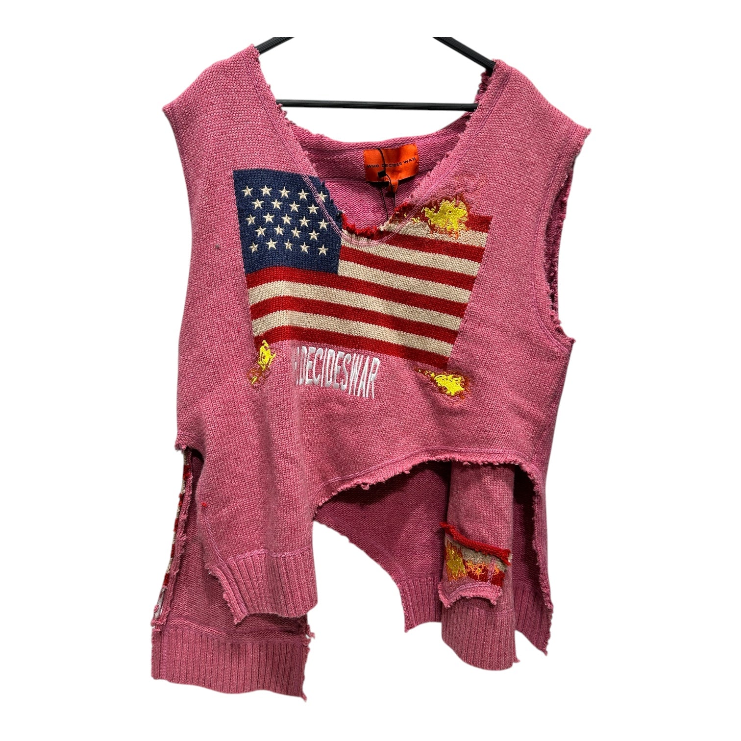 WHO DECIDES WAR/Sweater/S/Graphic/Wool/PNK/DISTRESSED AMERICAN FLAG FLAME view 1