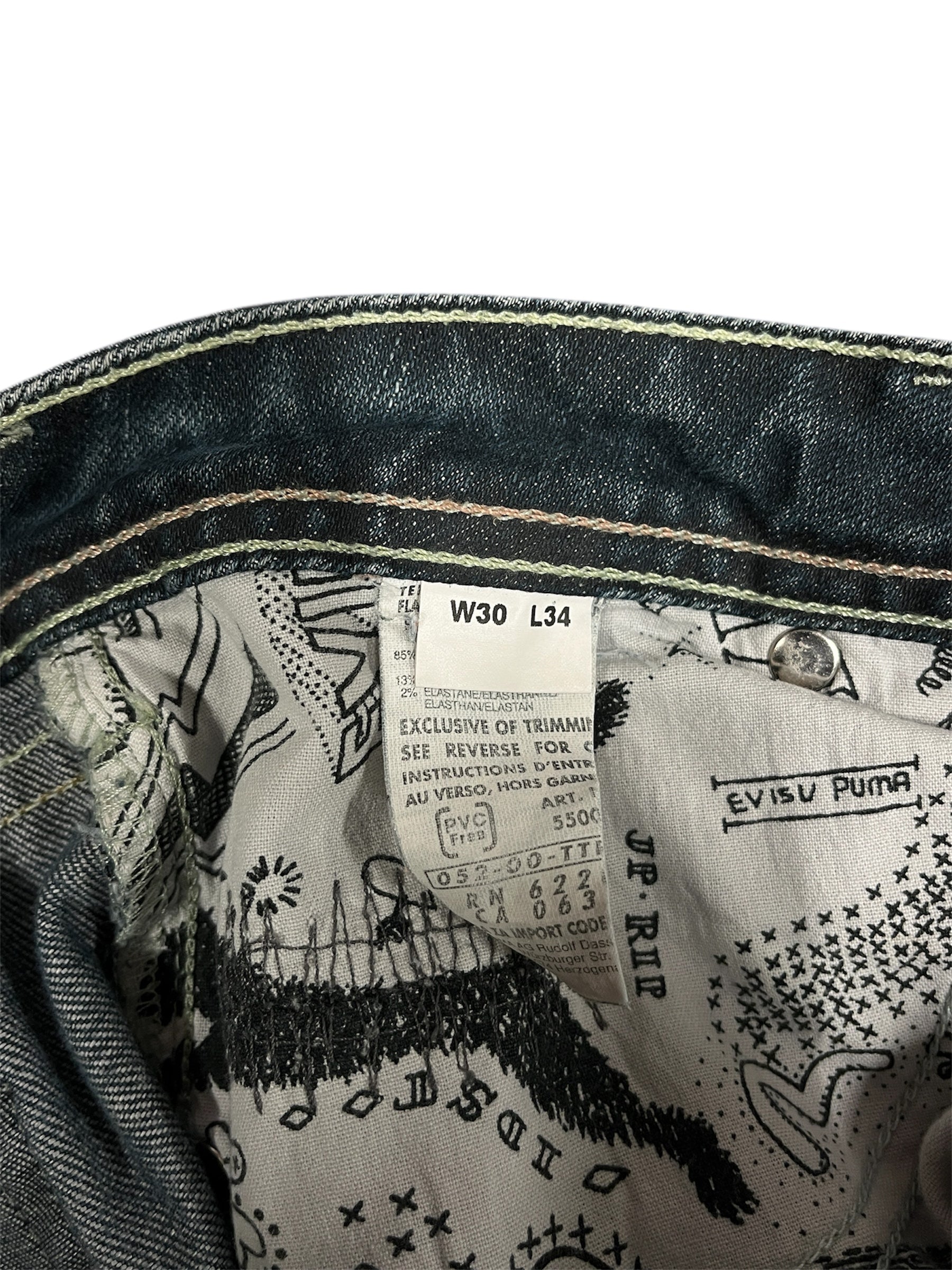 EVISU/PUMA/Pants/30/Denim/BLU/Distressed/GRN BK PKT LOGO/PUMA ZIPPER view 3