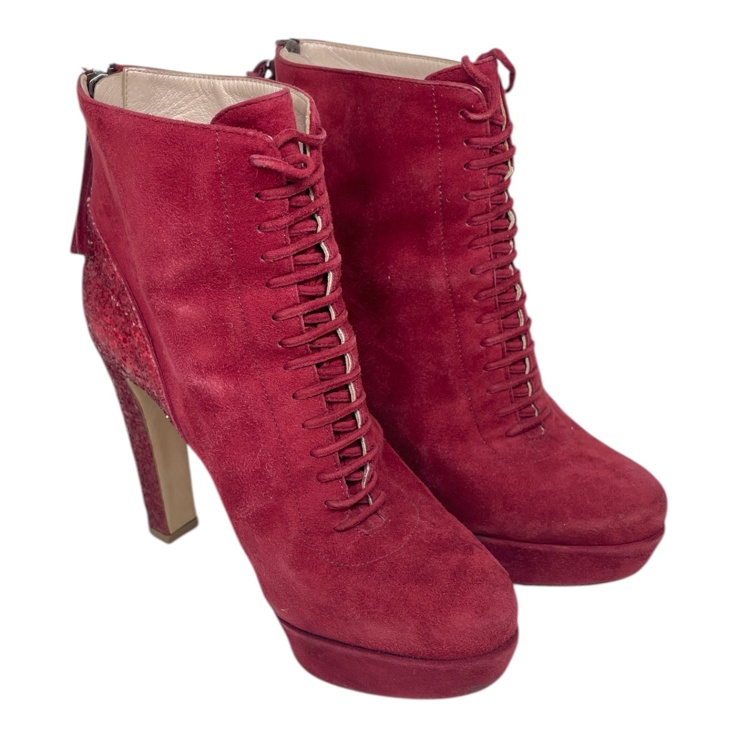 MIU MIU/Lace Up Boots/EU 35/Glitter/Suede/PNK/SKINNY LACE BACK ZIP view 1