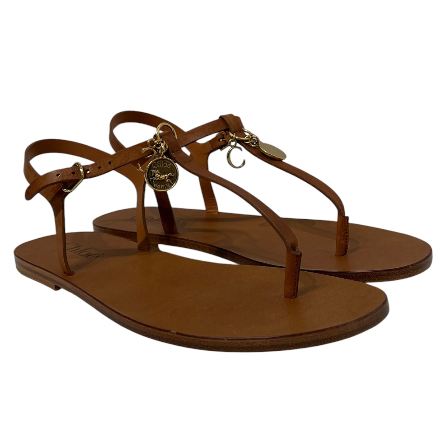 Chloe/Sandals/EU 40/Leather/BRW/Ankle Strap/GOLD LOGO CHARMS THONG view 1