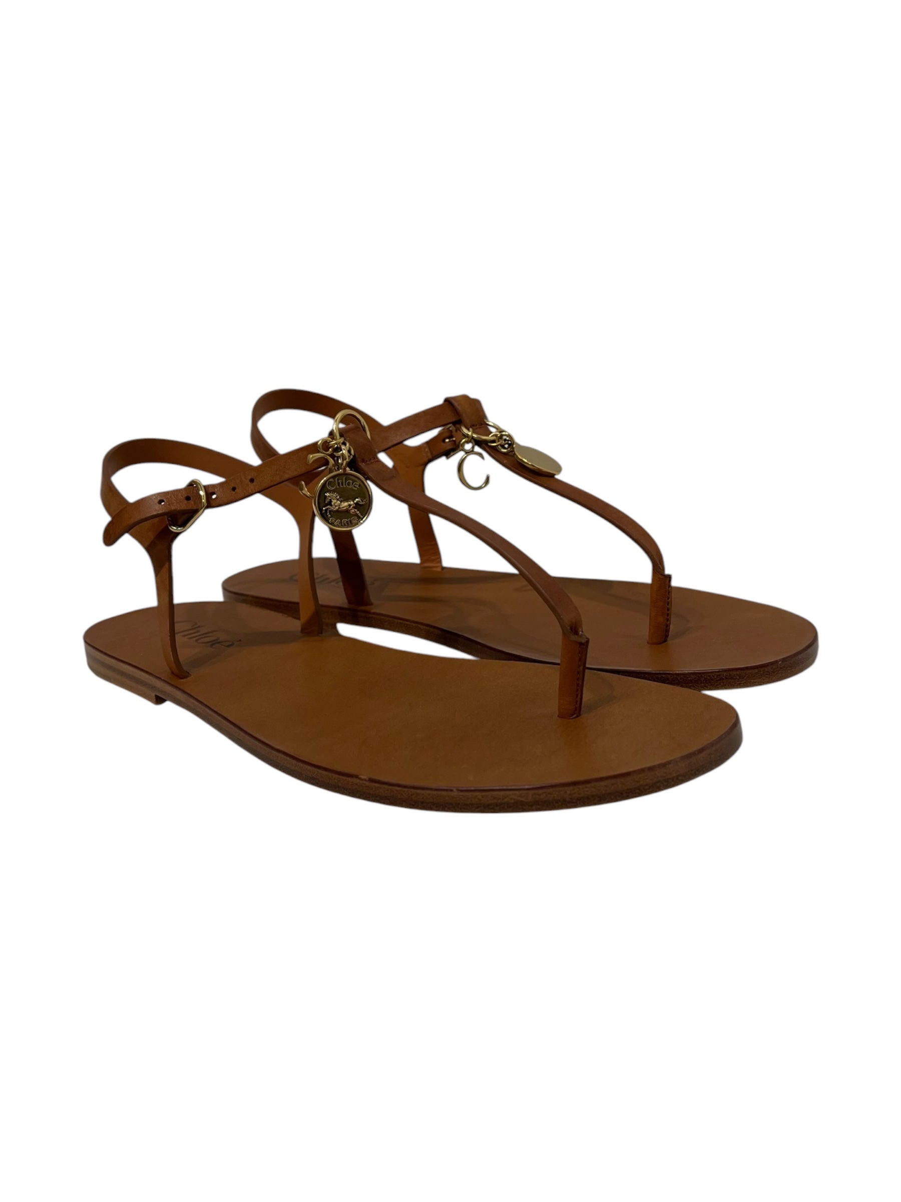 Chloe/Sandals/EU 40/Leather/BRW/Ankle Strap/GOLD LOGO CHARMS THONG view 1