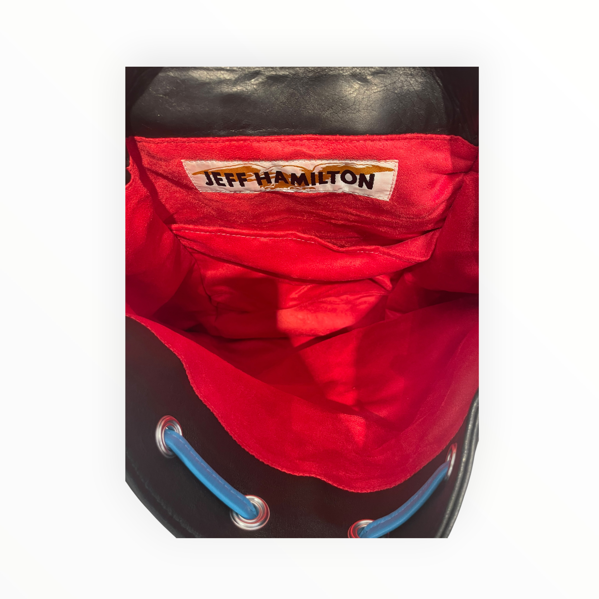 CookiesXJeff Hamilton /Backpack/Graphic/Leather/BLK/patch work with blue trim view 3
