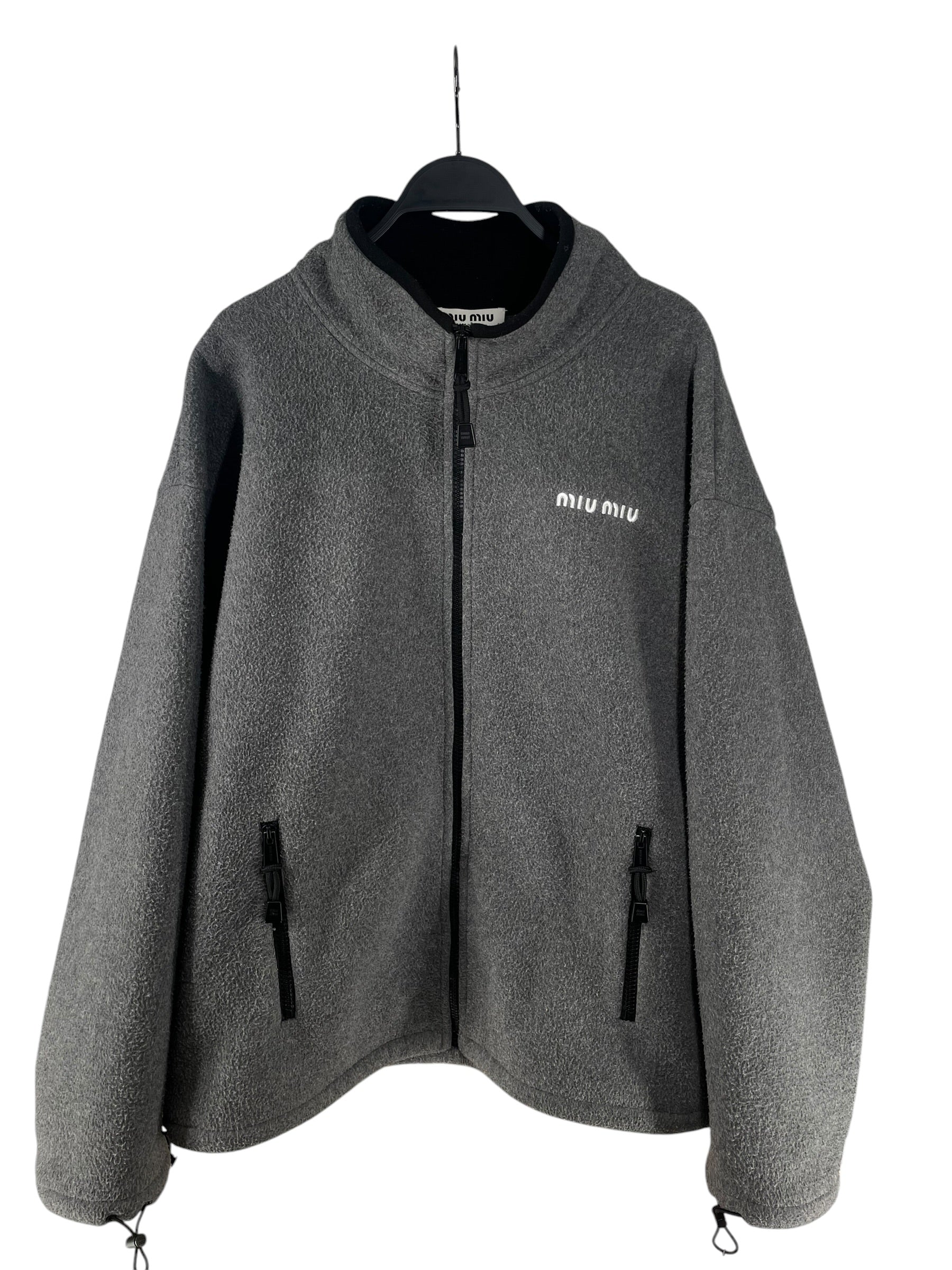 MIU MIU/Fleece Jkt/L/Polyester/GRY/WHITE LOGO EMBROIDERED FLC JKT view 1