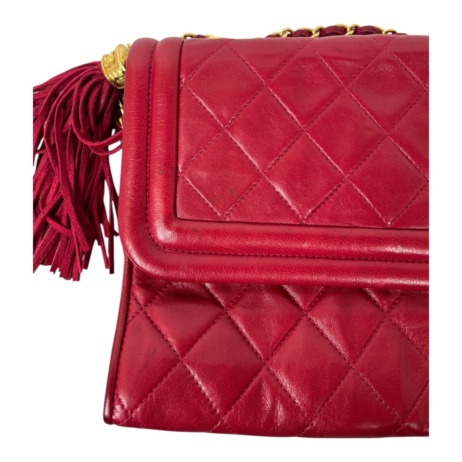 CHANEL/Cross Body Bag/Leather/RED/Vintage Quilted Tassel view 7