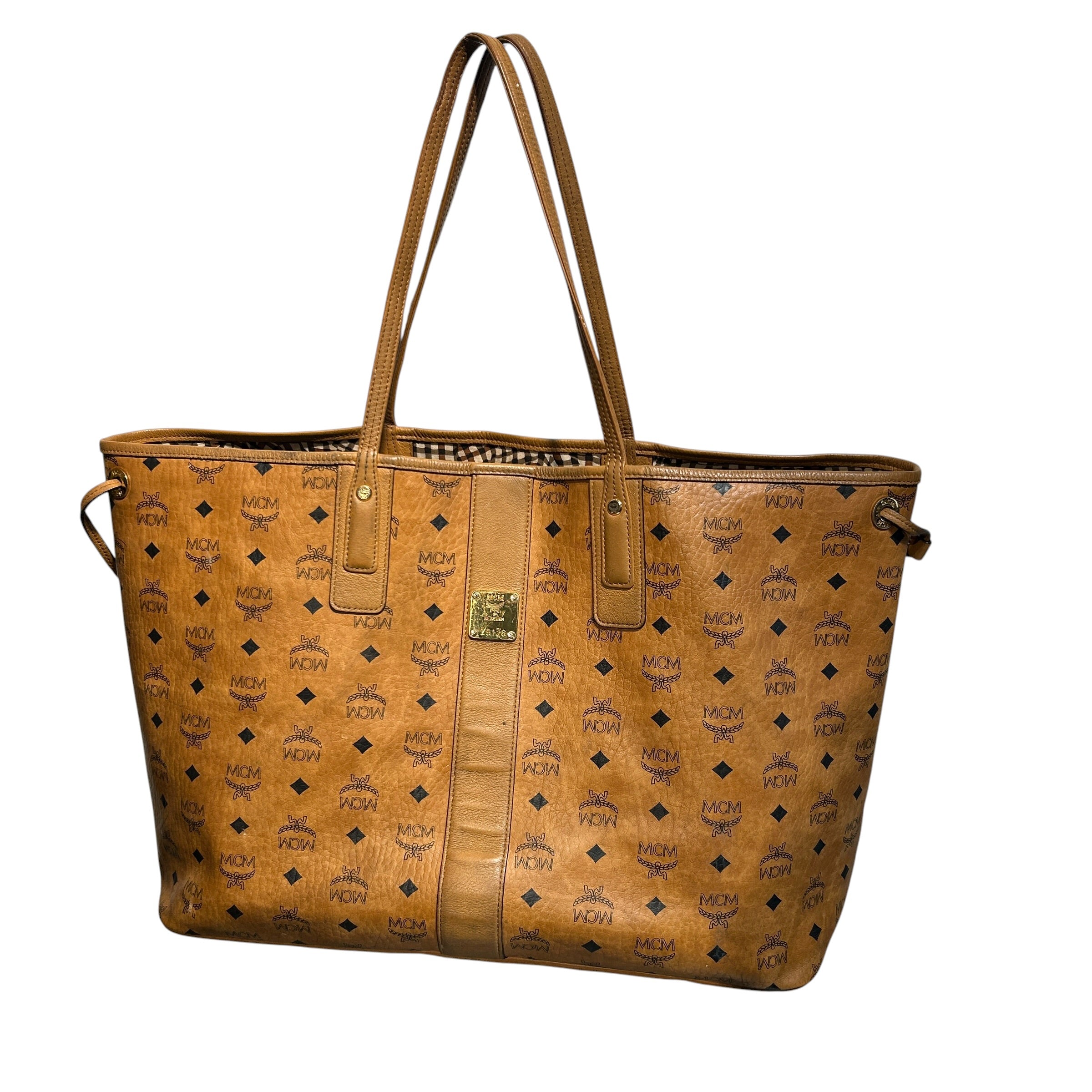 MCM/Tote Bag/Leather/CML/blue text reversible tote view 1