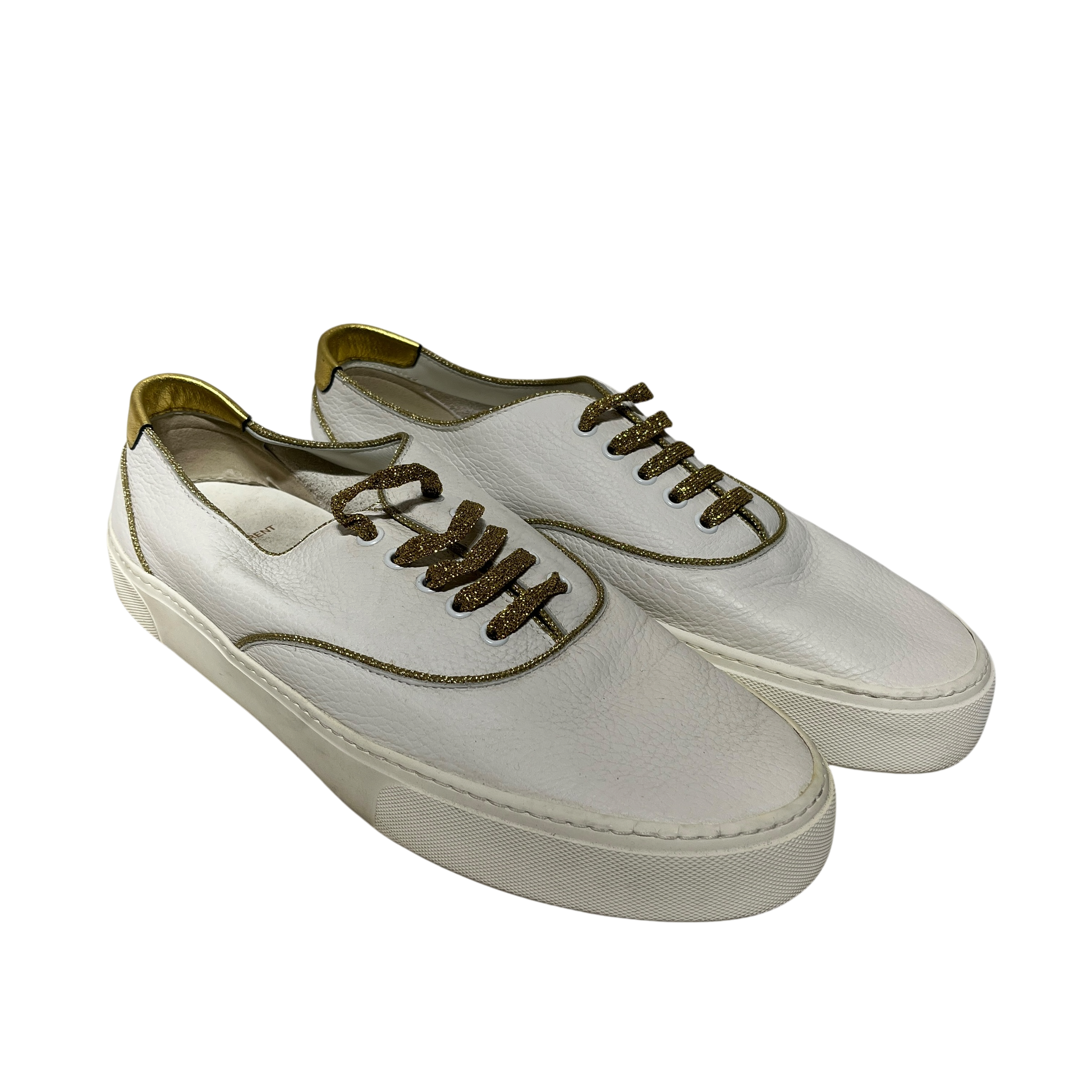 SAINT LAURENT/Low-Sneakers/US 12/Leather/WHT/Gold Glitter Laces view 1