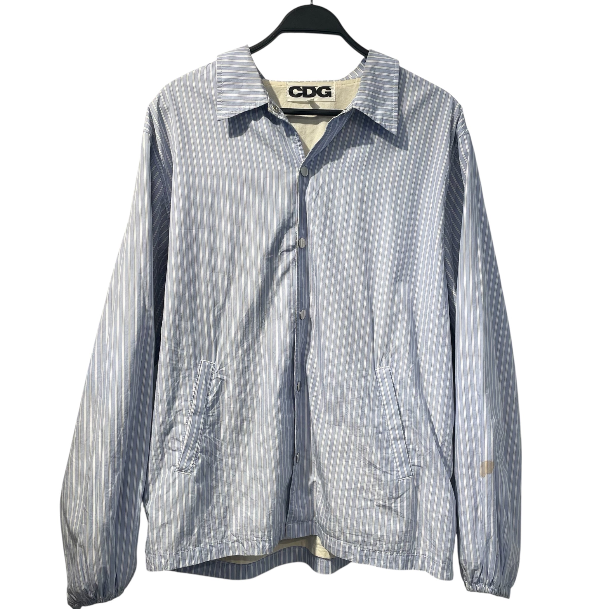 COMME des GARCONS/Track Jkt/L/Stripe/Cotton/BLU/BLUE/WHITE PINSTRIPE/BACK LOGO view 1