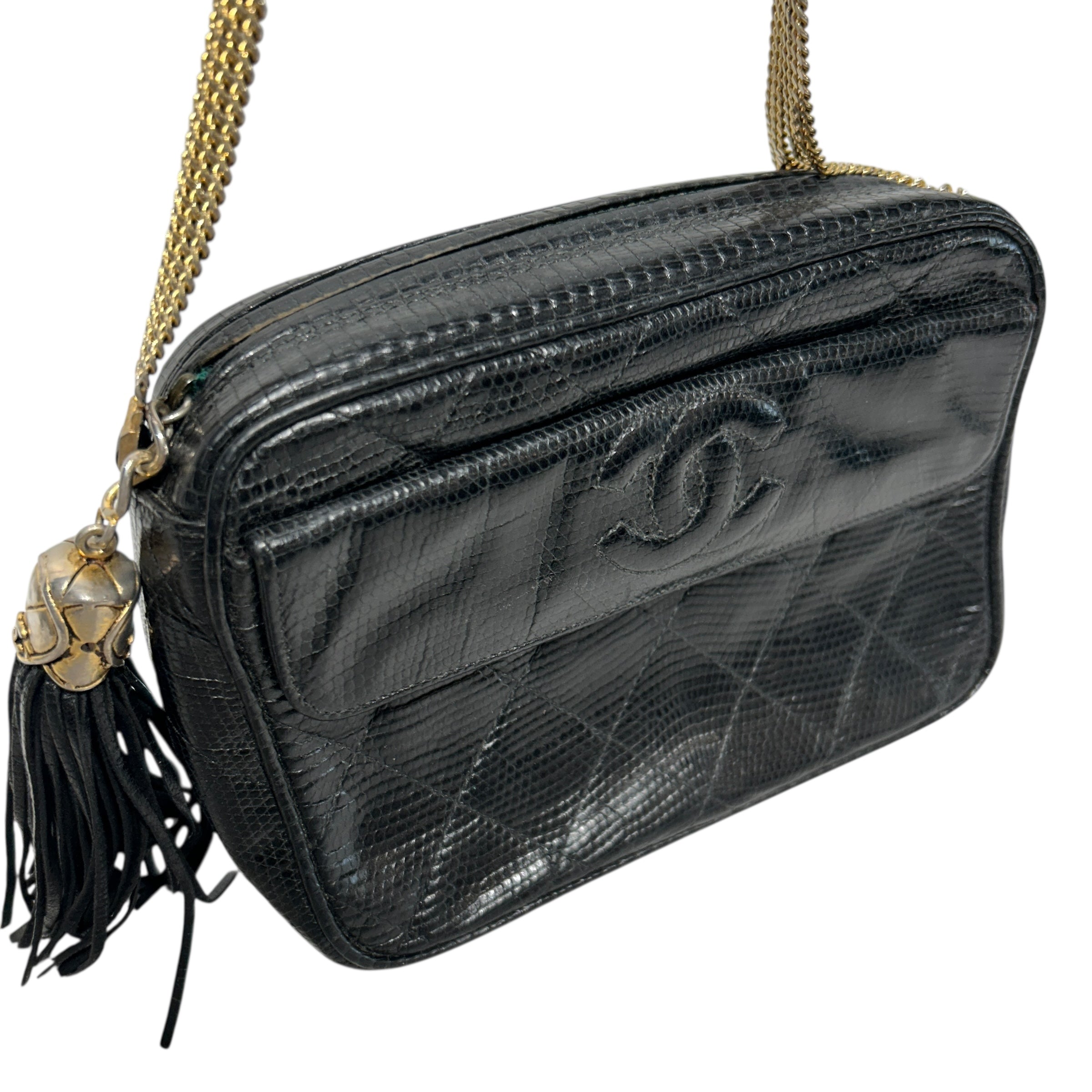CHANEL/Hand Bag/BLK/Lizard, Tassel, Motif Chain view 6