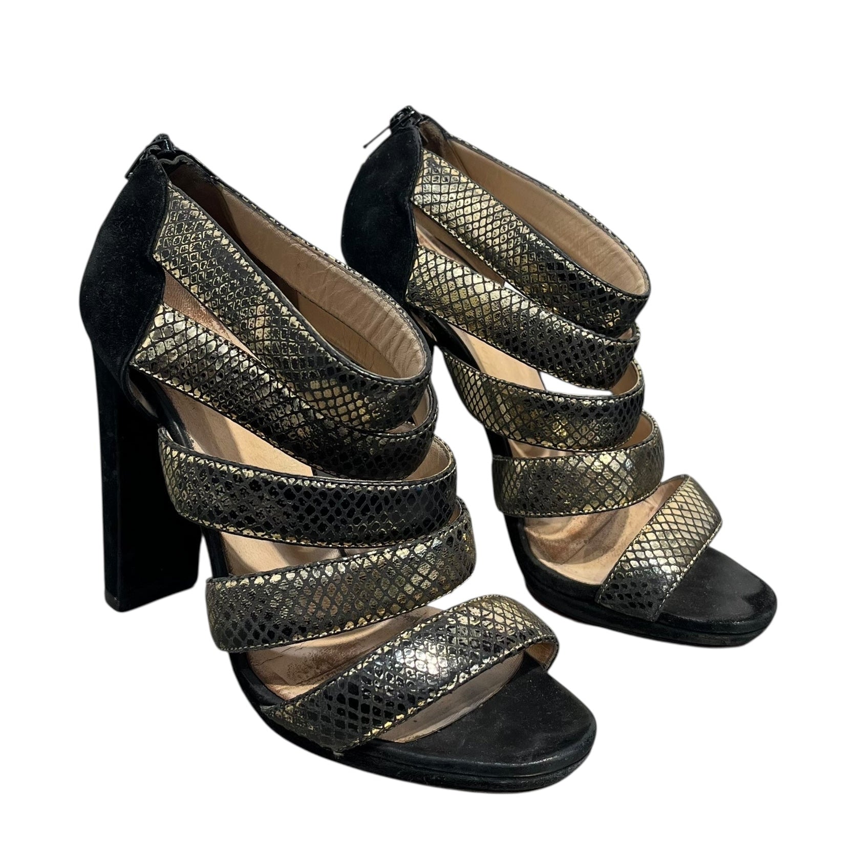 Christian Louboutin/Heels/EU 38/Leather/GLD/snake print strap heels view 1