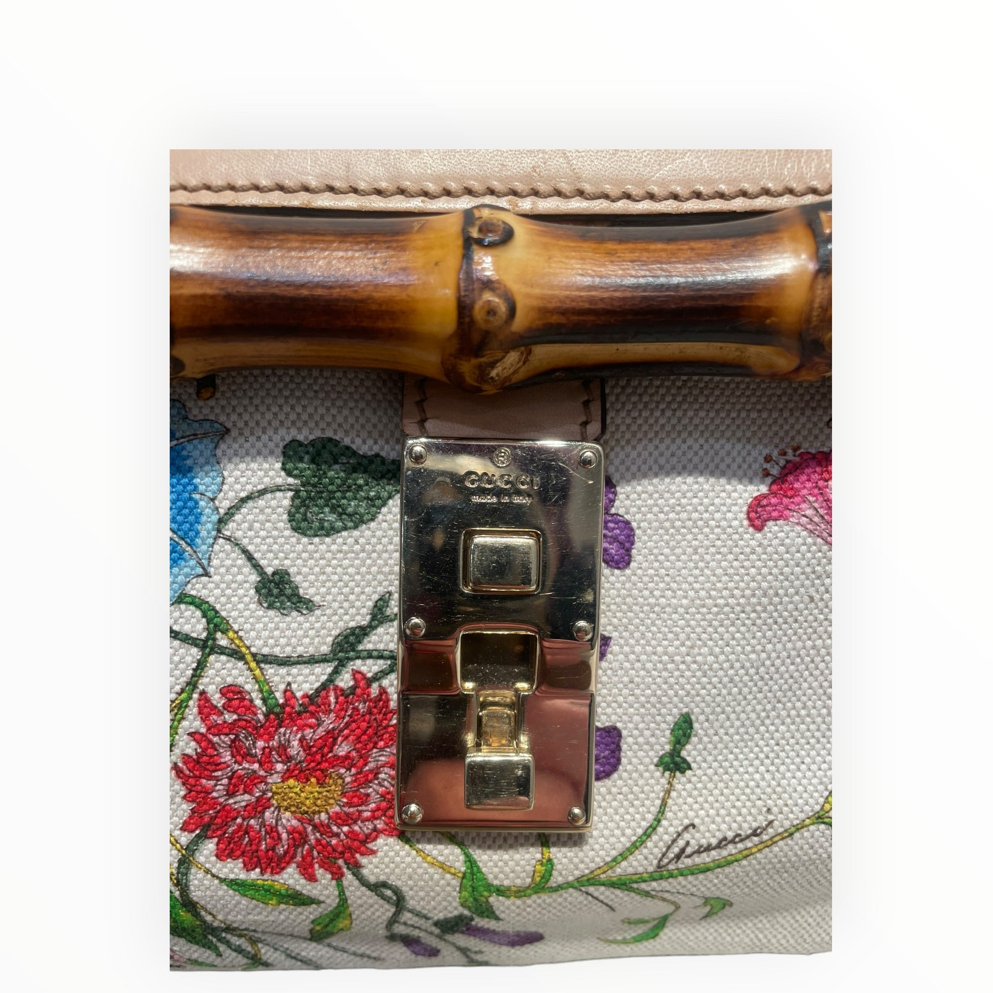 GUCCI/Hand Bag/Floral Pattern/Leather/BEG/canvas bamboo bullet bag view 3