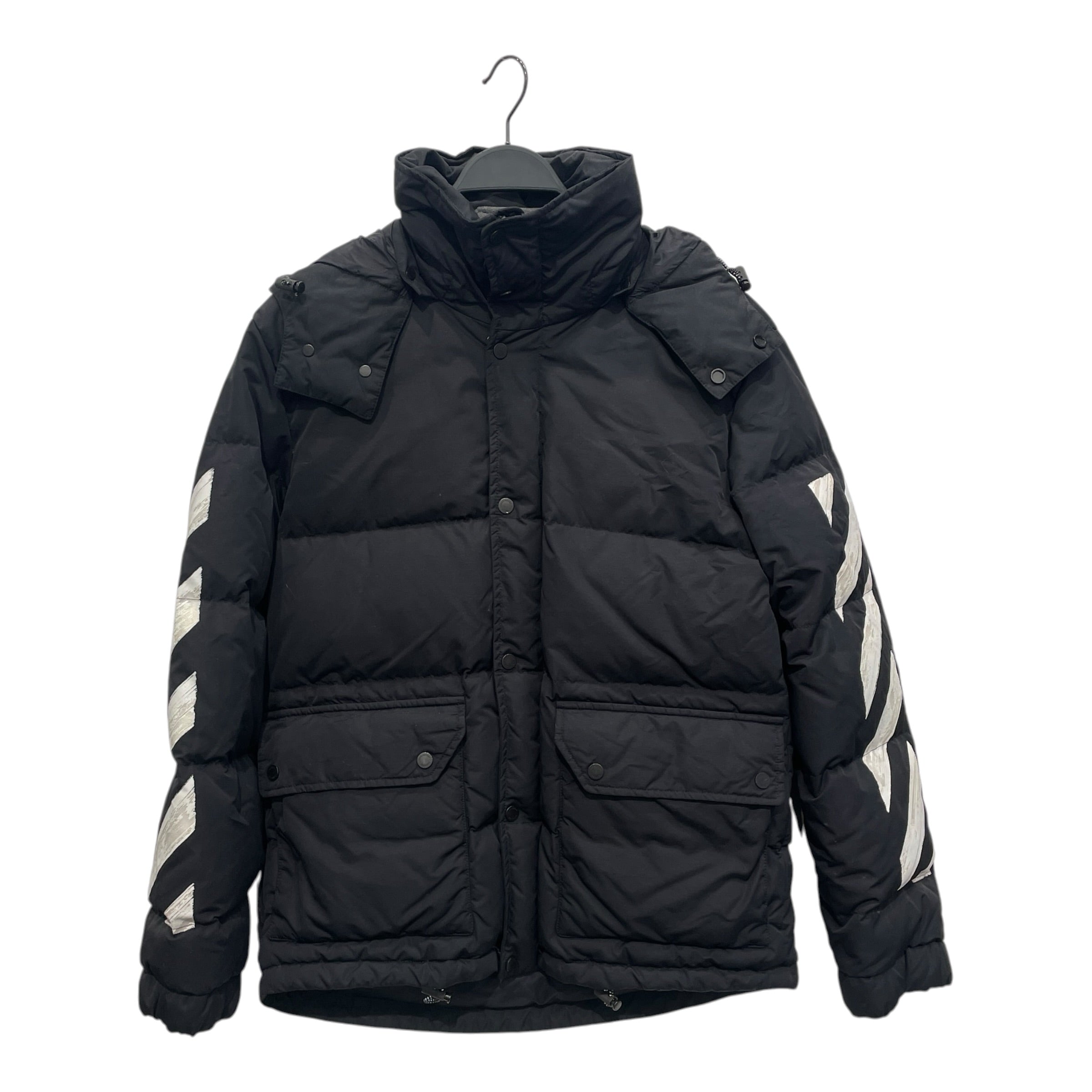 OFF-WHITE/Puffer Jkt/XS/Polyester/BLK/OFFWHITE PUFFER HOOD LOGO BACK view 1