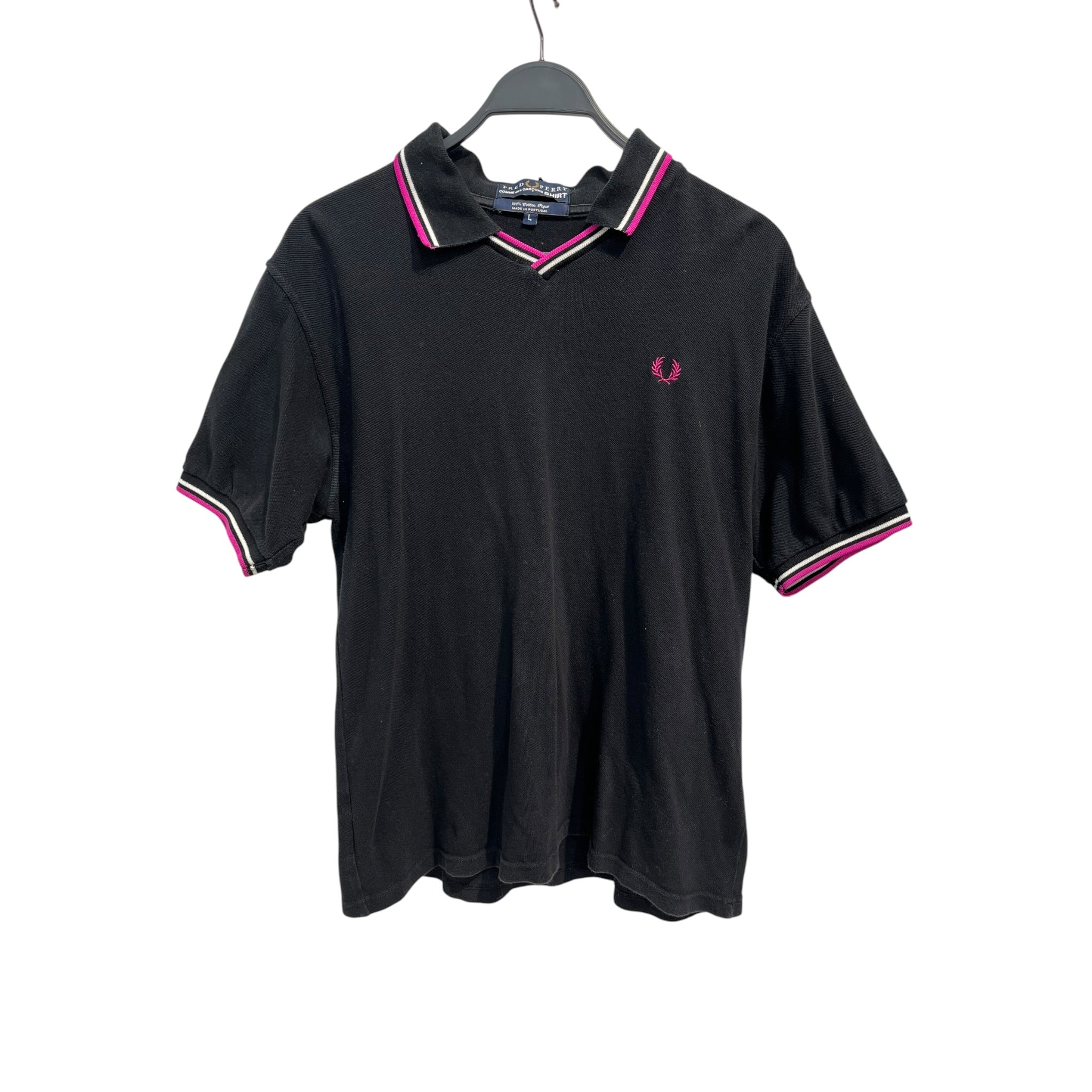 COMME des GARCONS/FRED PERRY/Polo Shirt/L/Cotton/BLK/HOT PINK LOGOS view 1