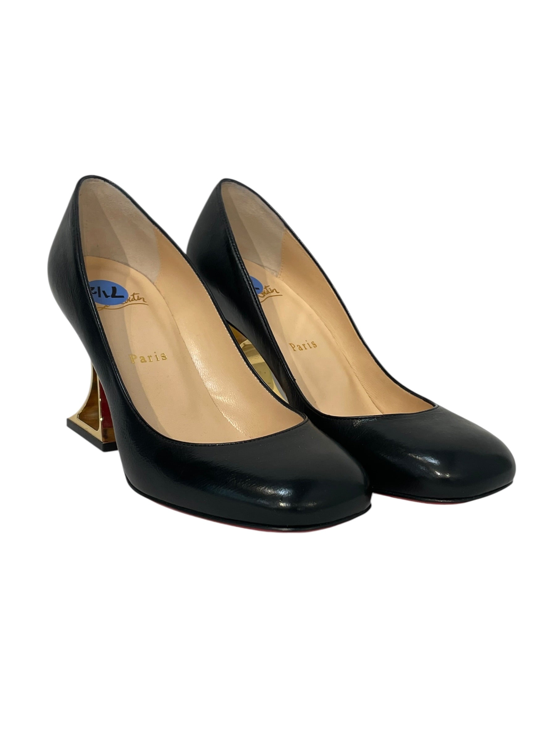Christian Louboutin/Heels/EU 38.5/Leather/BLK/sculptural heel view 1