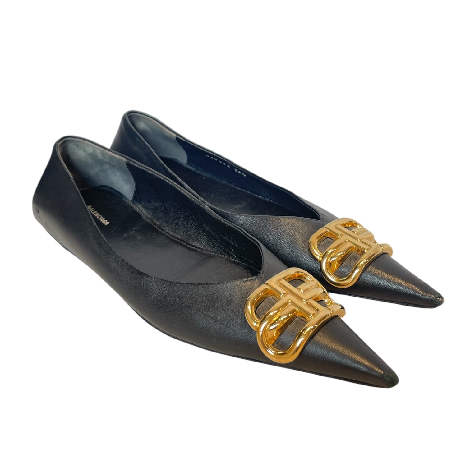 BALENCIAGA/Flat Shoes/EU 36.5/Leather/BLK/POINTED TOE/LOGO FLATS view 1
