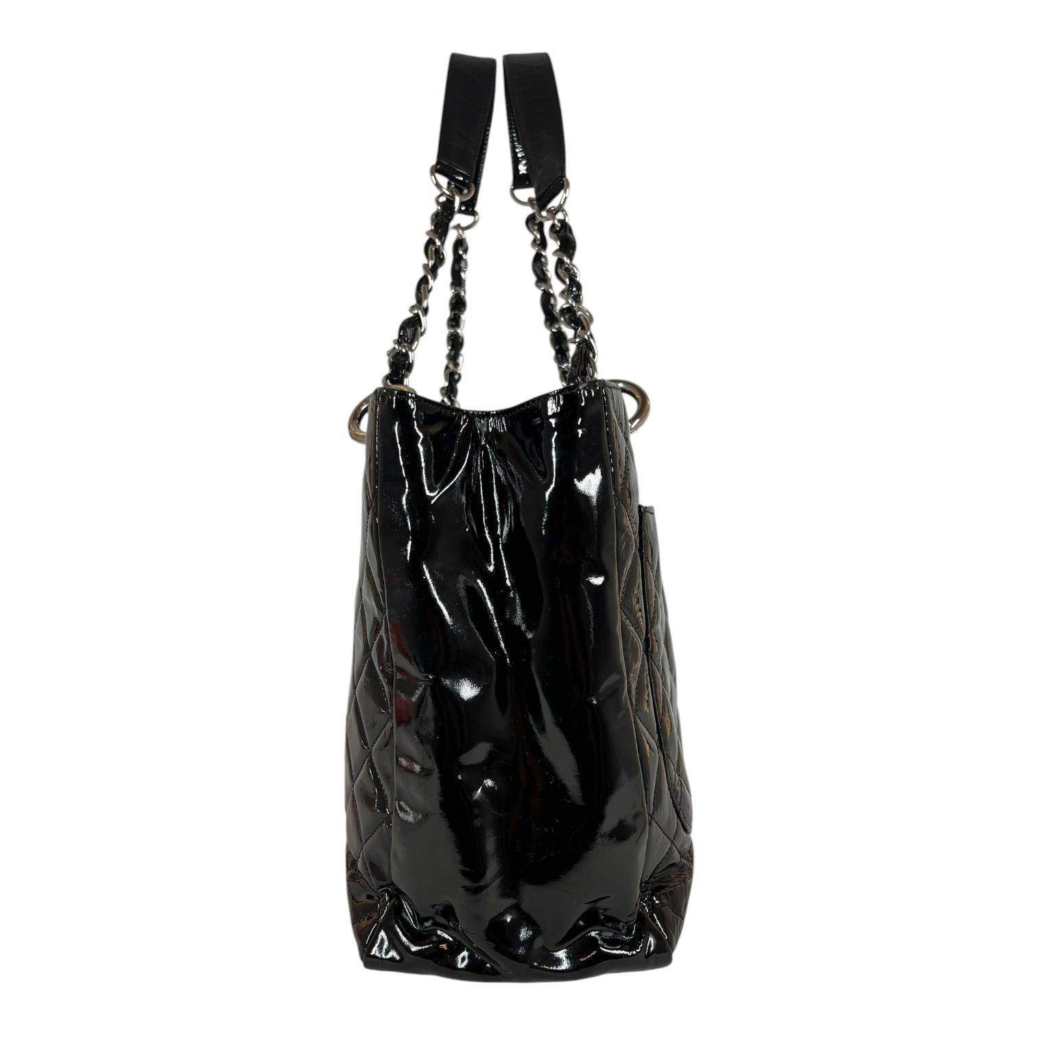 CHANEL/Hand Bag/Leather/BLK/QUILTED PATENT SHOPPING TOTE view 3