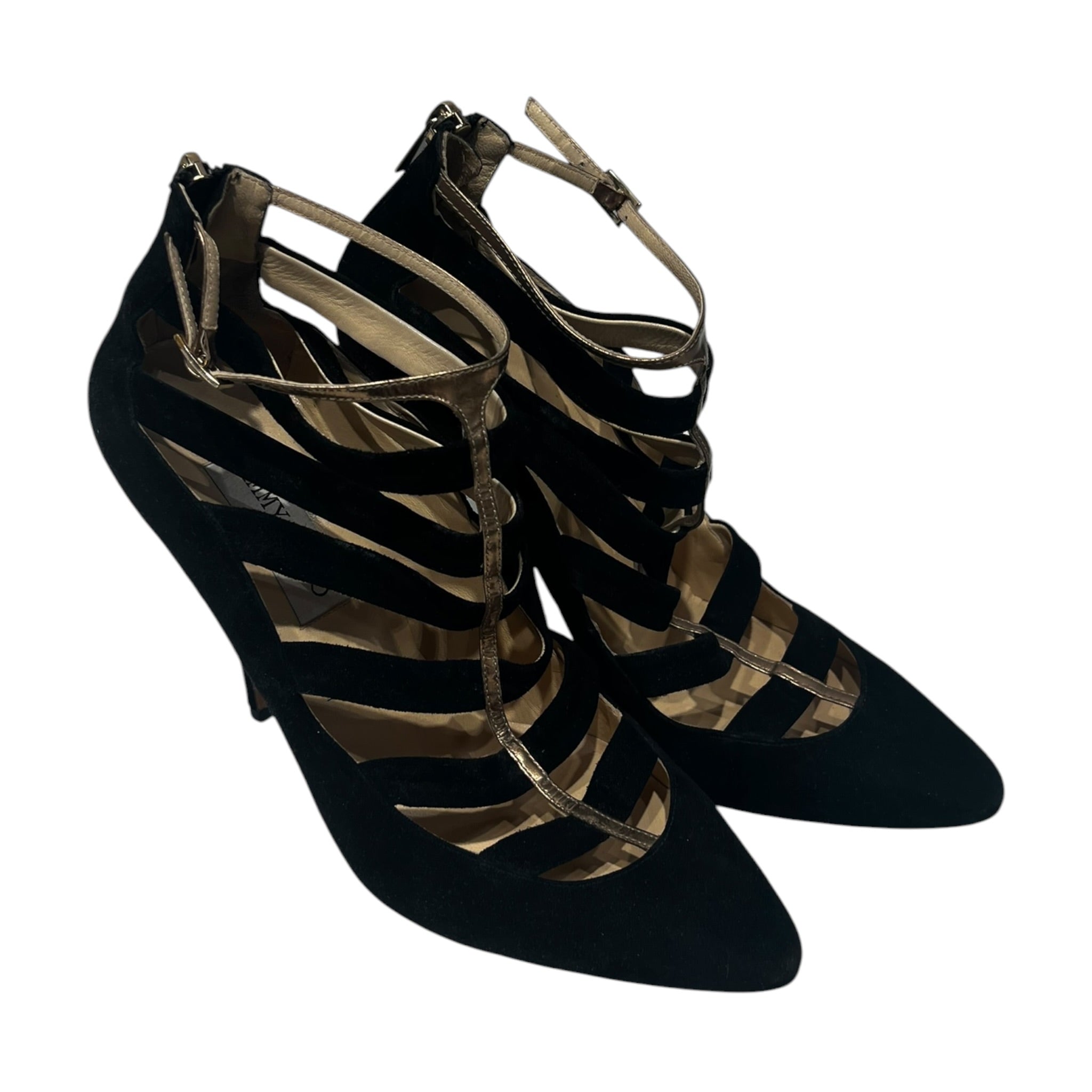 JIMMY CHOO/Heels/EU 40.5/Suede/BLK/BLK/GOLD STRAP FRONT view 1