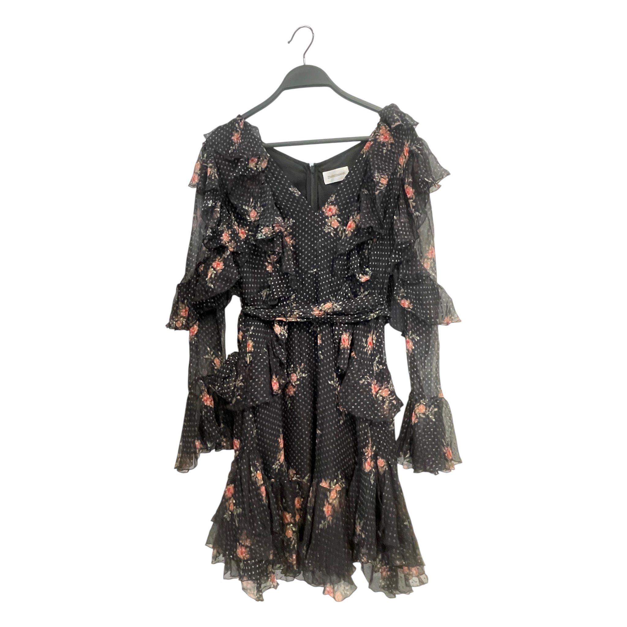 Zimmermann/3|4S Dress/S/Floral Pattern/Silk/BLK/ruffle view 1