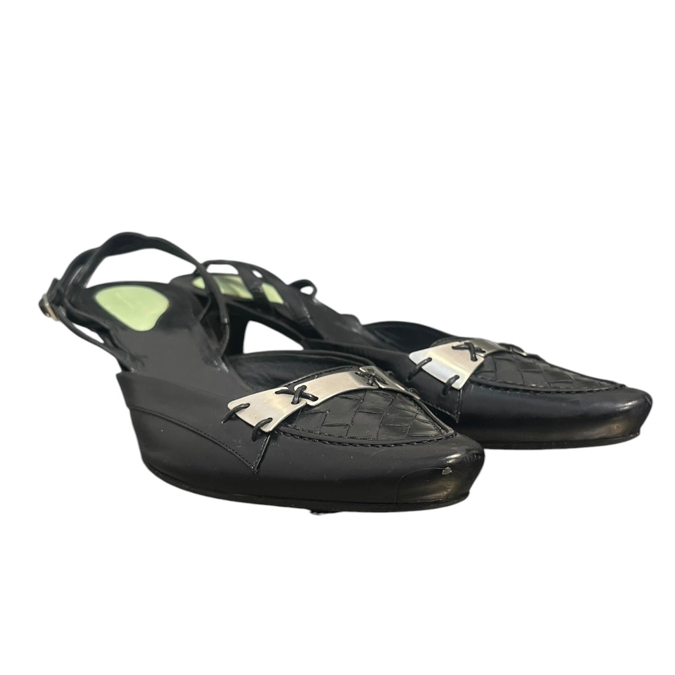 BOTTEGA VENETA/Heels/EU 37.5/Leather/BLK/Pointed-Toe/woven toe-silver overlay view 1