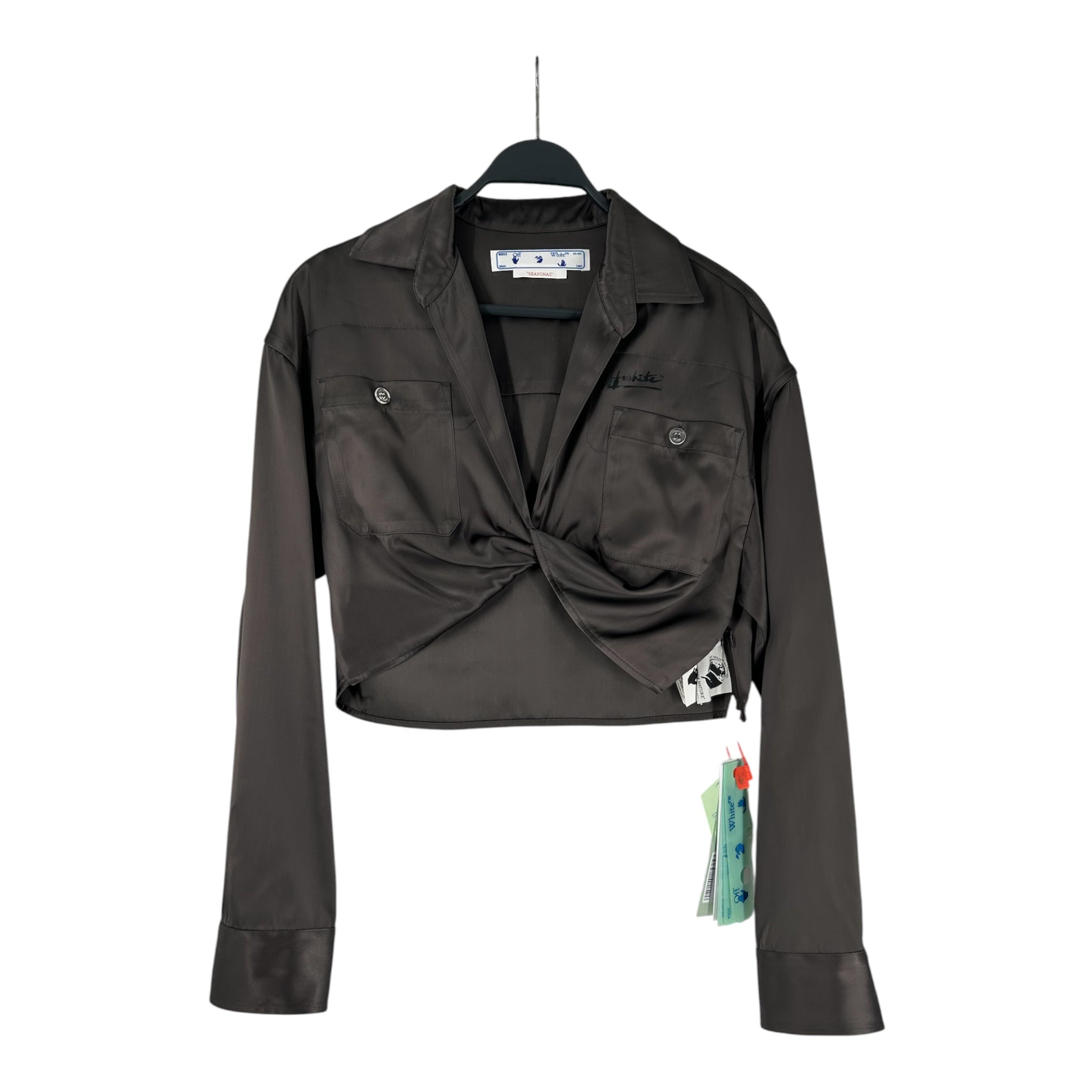 OFF-WHITE/SS Shirt/42/Silk/GRY/ls cropped w logo on pkt frnt view 1