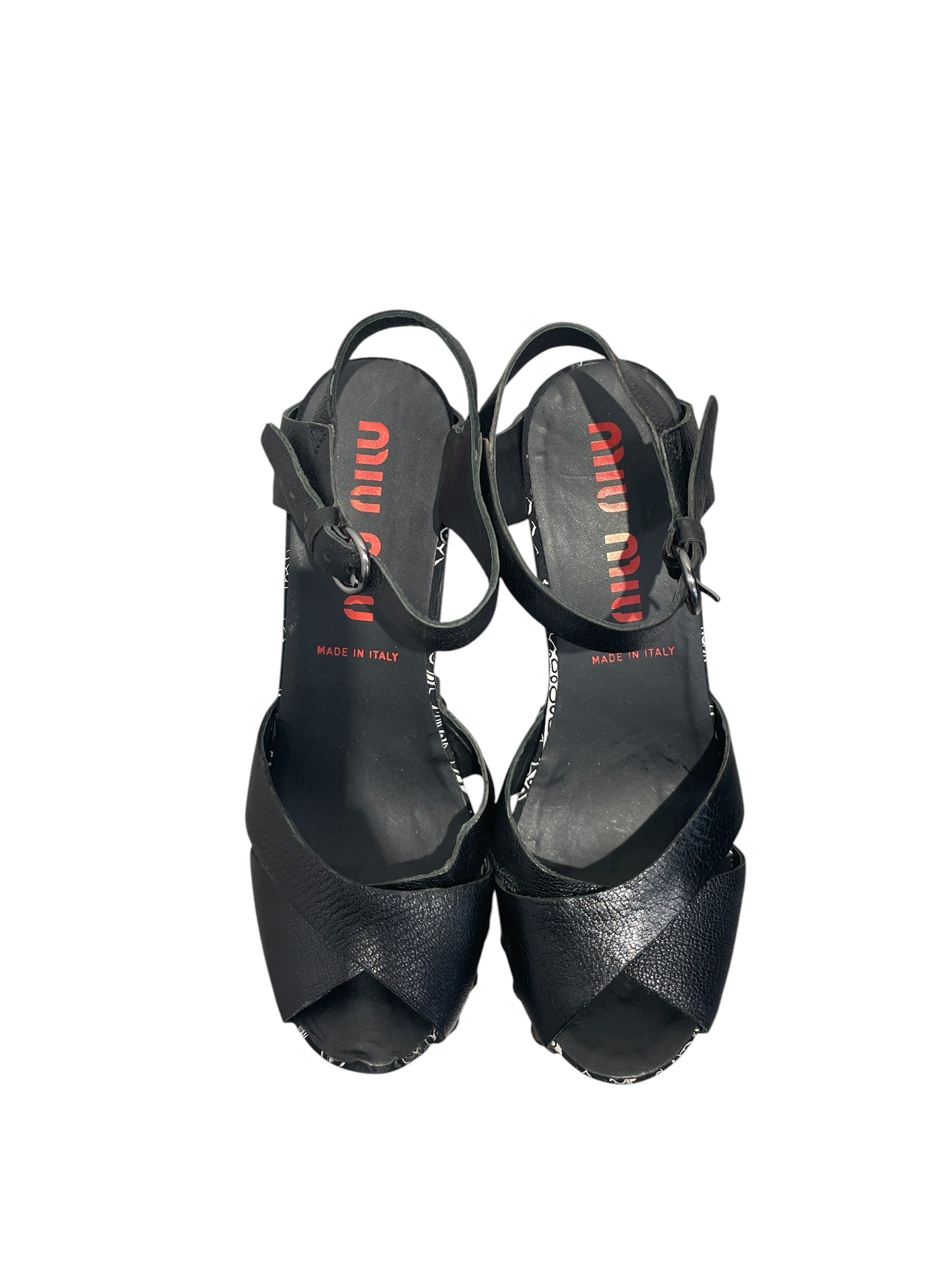 MIU MIU/Heels/EU 37/Floral Pattern/Leather/BLK/STUDDED WEDGE PLATFORMS view 3