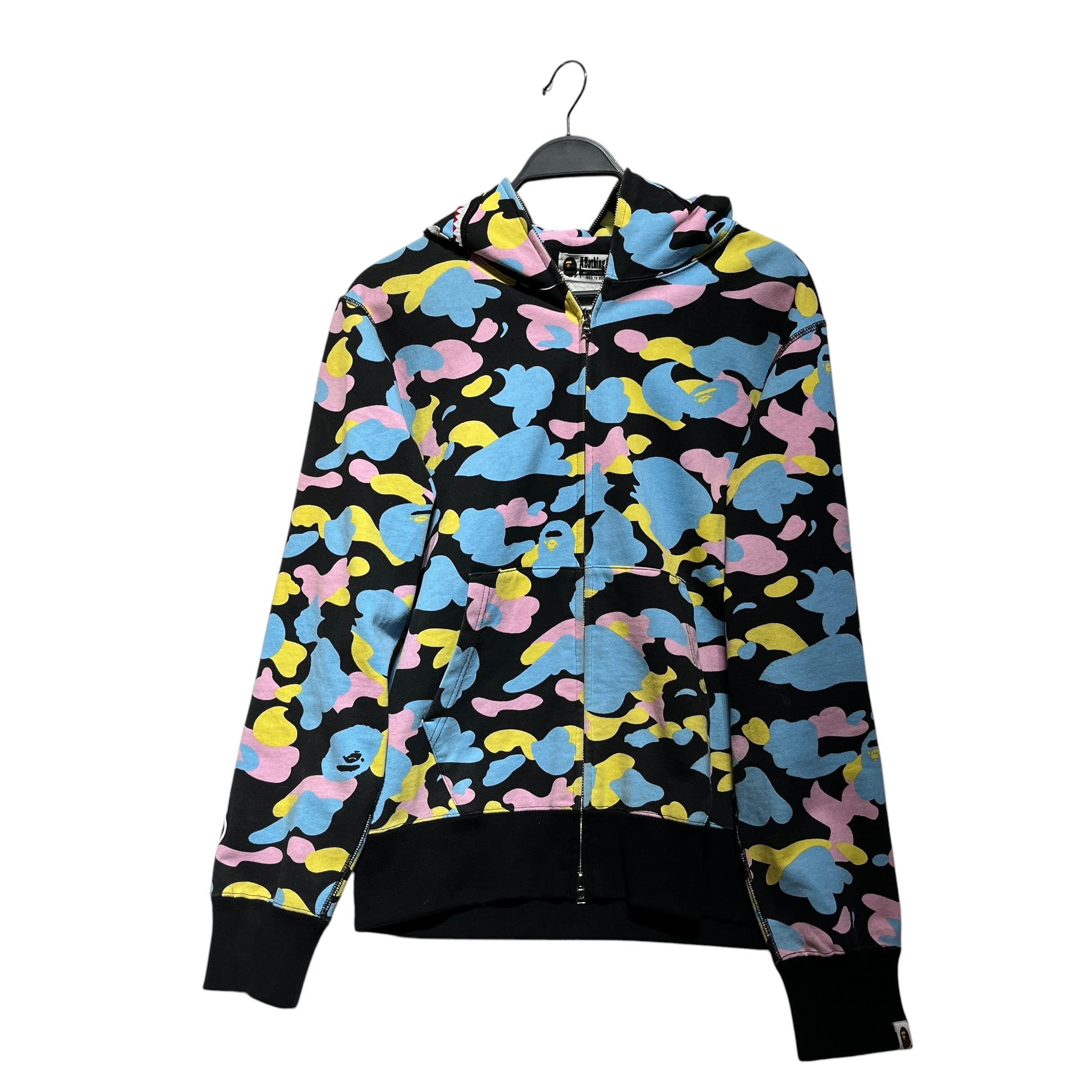 A BATHING APE/Zip Up Hoodie/M/Camouflage/Cotton/BLK/BLU YEL PNK BLACK ALL OVER view 1