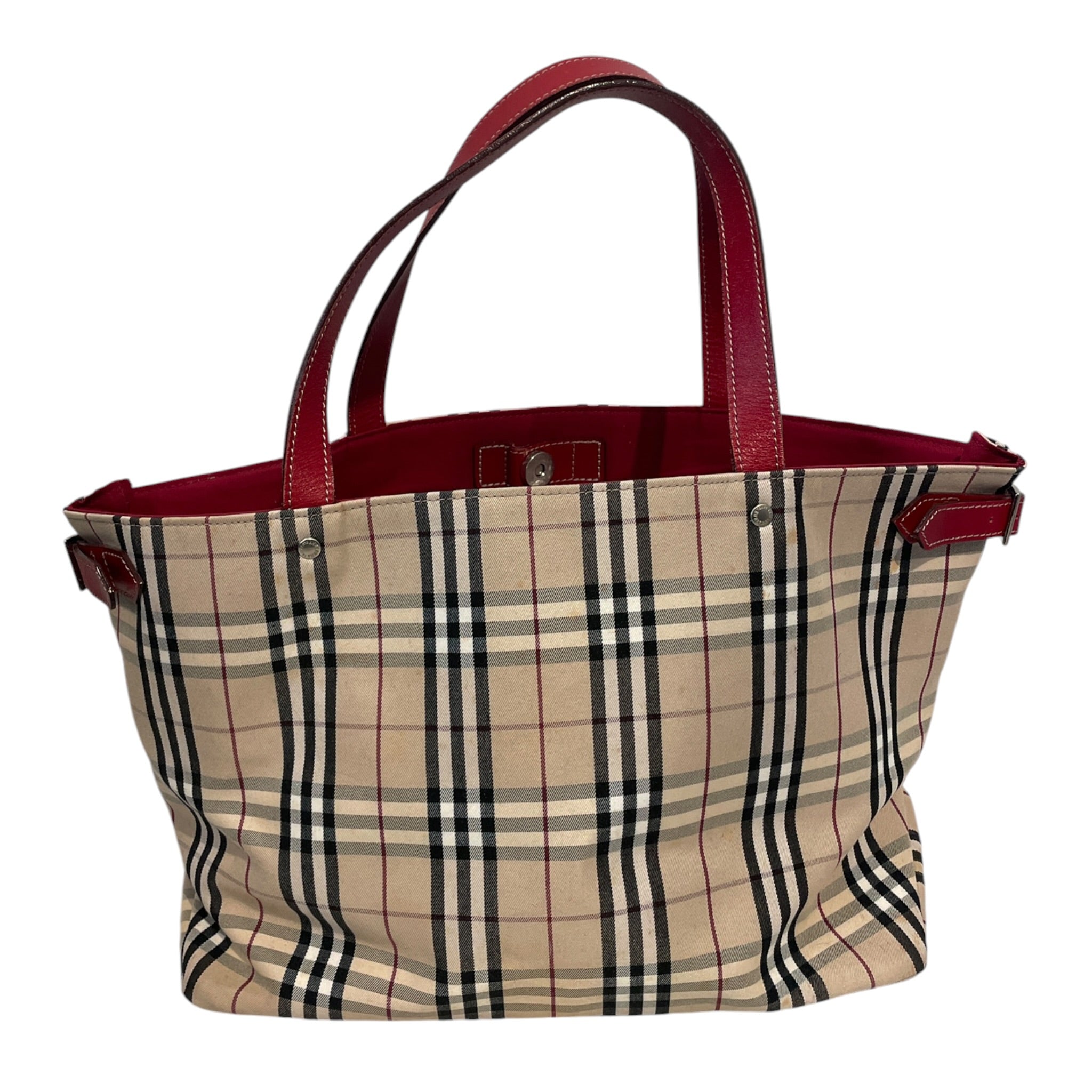 BURBERRY BLUE LABEL/Hand Bag/Plaid/Cotton/CRM/red inside & handle view 1