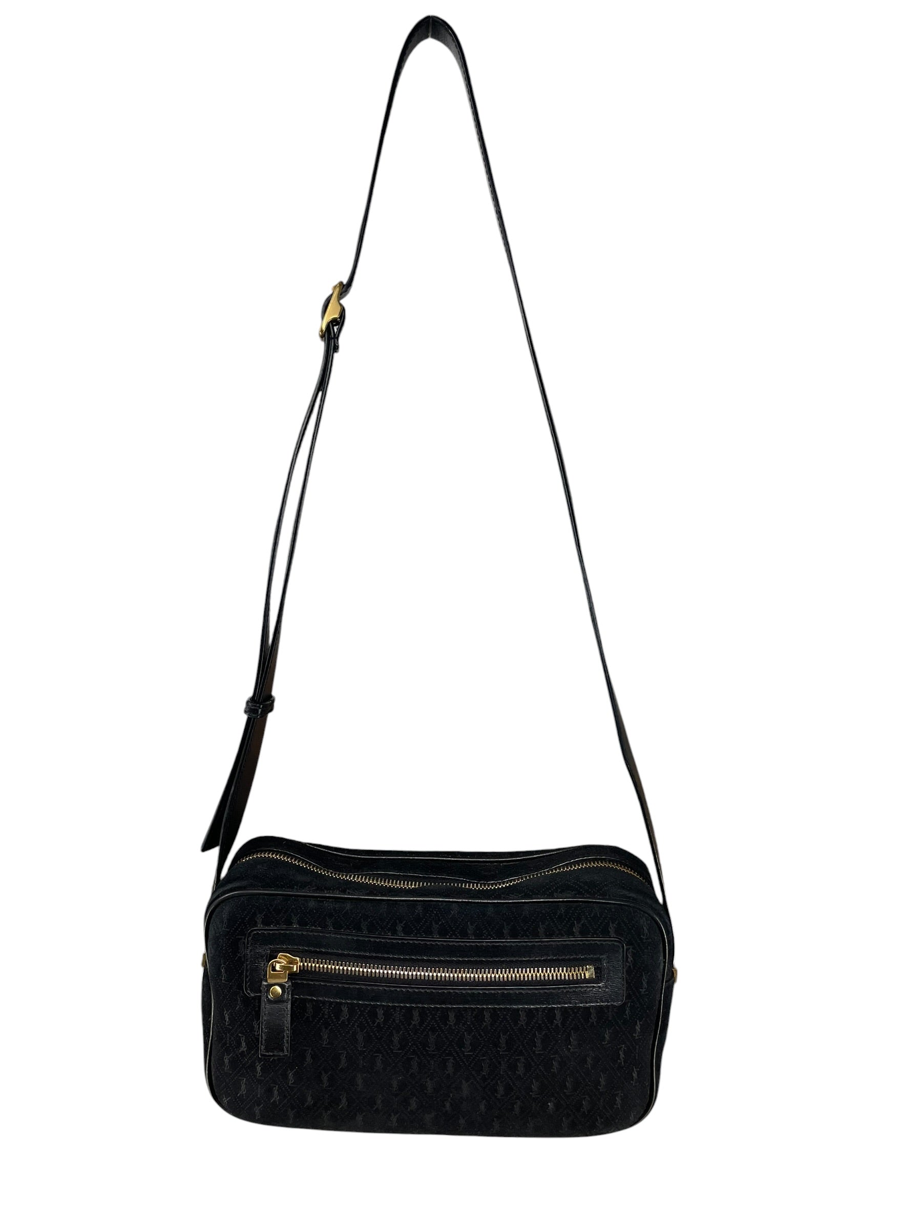 SAINT LAURENT/Cross Body Bag/Monogram/Suede/BLK/monogram front zip camera bag view 1