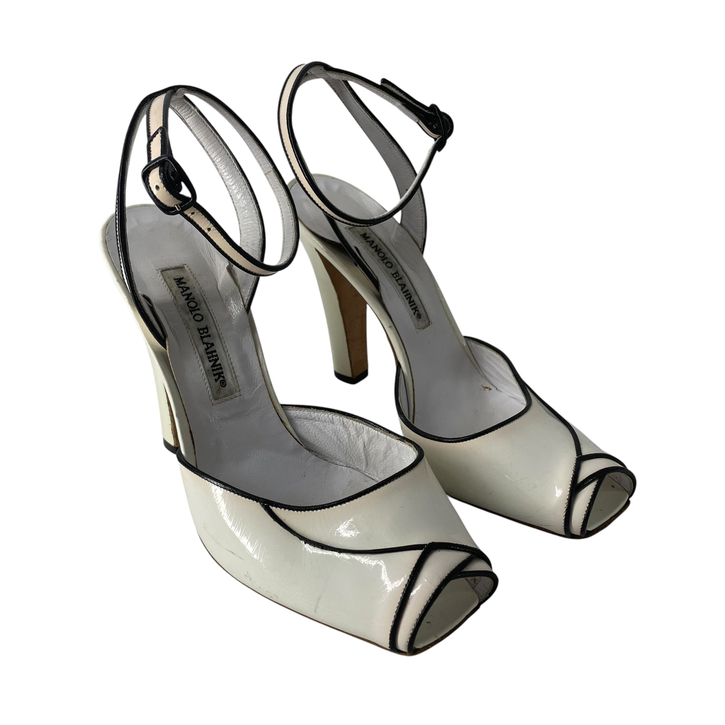 MANOLO BLAHNIK/Heels/EU 38.5/Leather/WHT/Ankle Strap/TULIP PATENT PEEP TOE view 1