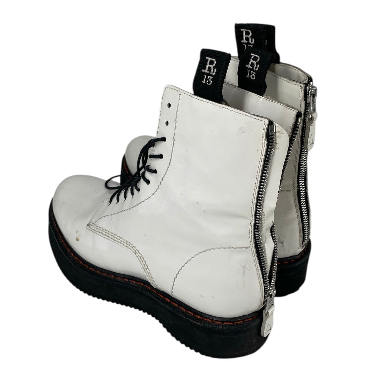 R13/Biker Boots/US 10/Leather/WHT/orange stitching platforms view 2