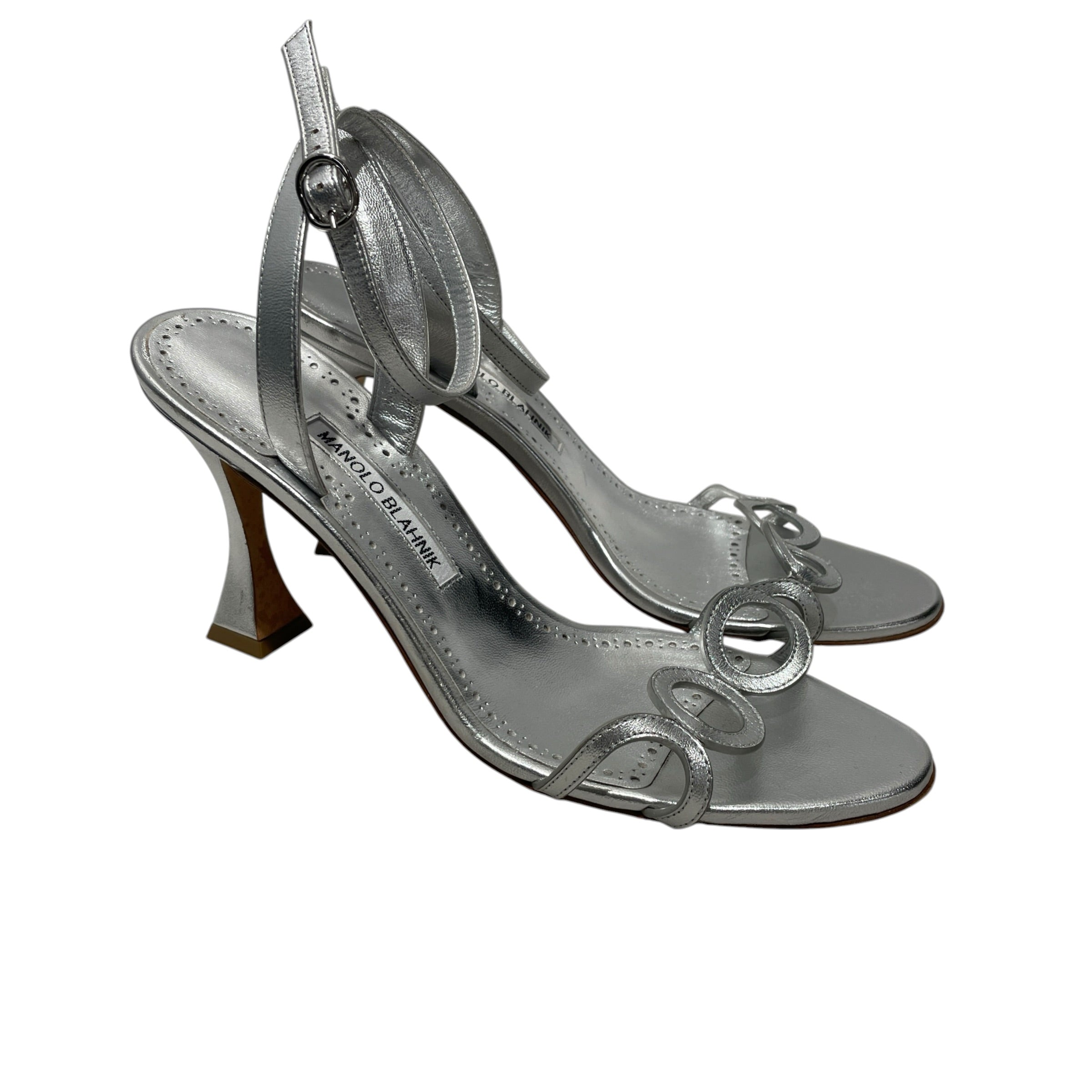 MANOLO BLAHNIK/Heels/EU 41/Leather/SLV/Ankle Strap/SILVER WARPED HEEL view 1