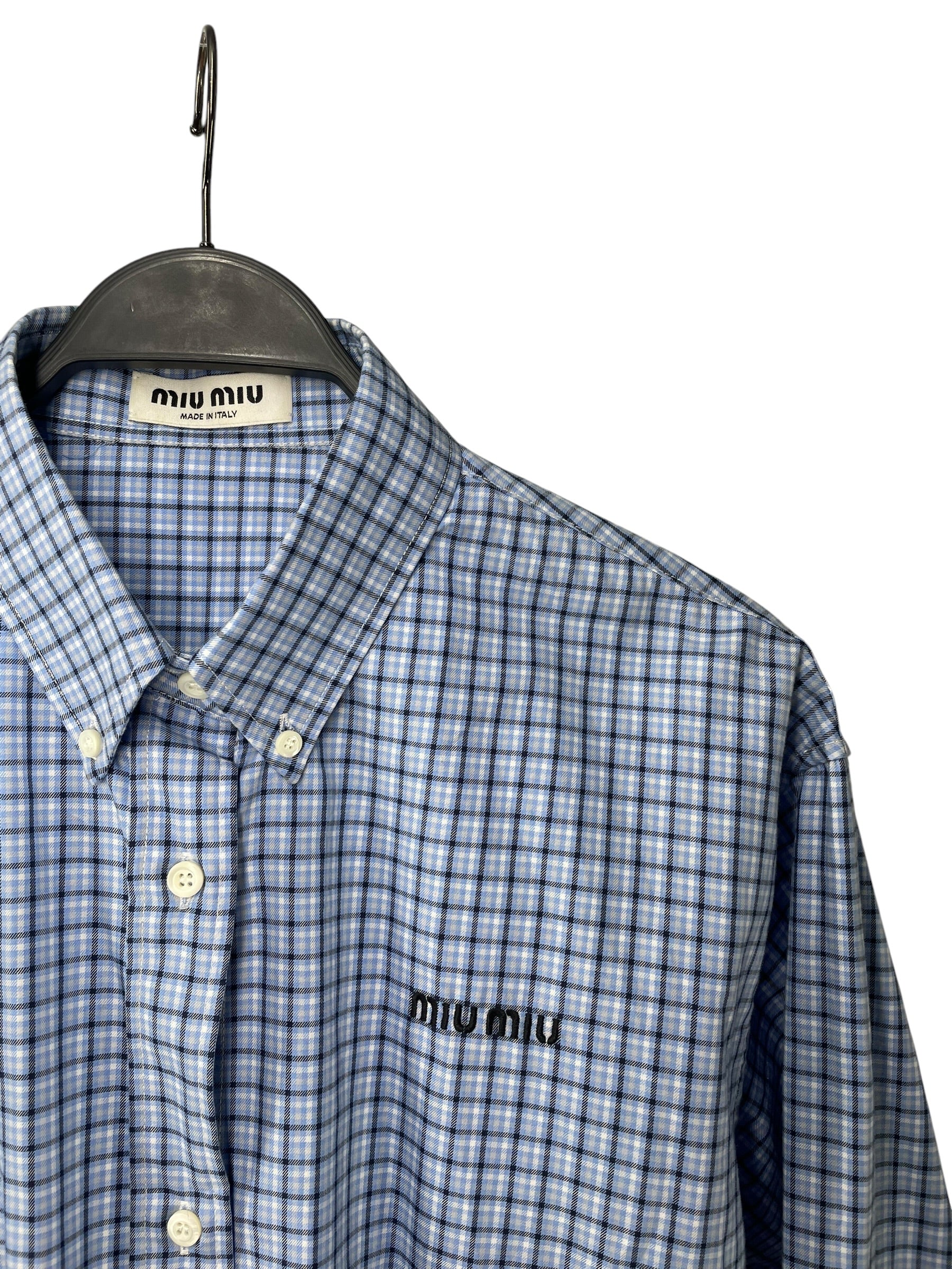MIU MIU/Shirt/44/Cotton/BLU/Hombre Check/CHECK EMBROIDERED BUTTON DOWN view 3