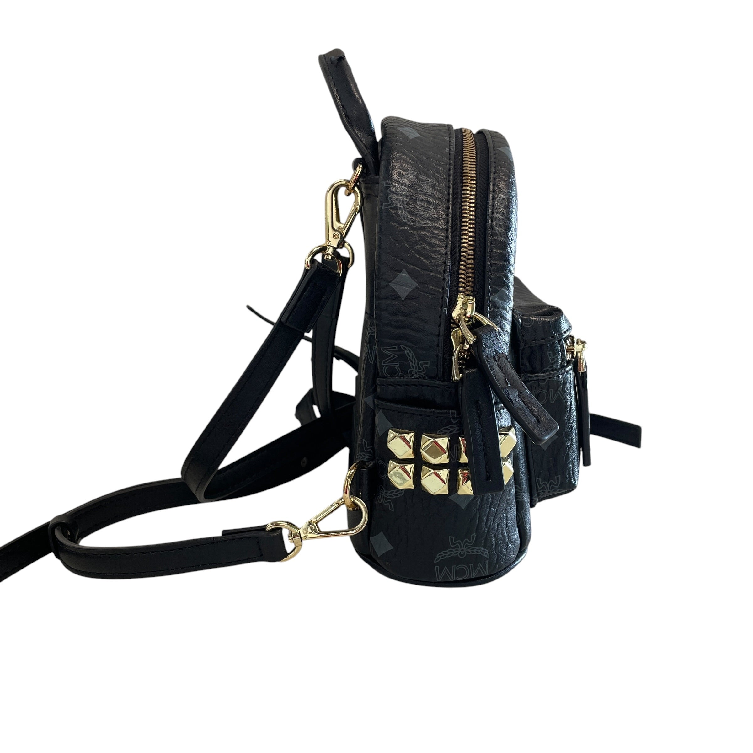 MCM/Backpack/Monogram/Leather/BLK/GLD STUDDED MINI BCKPCK view 2