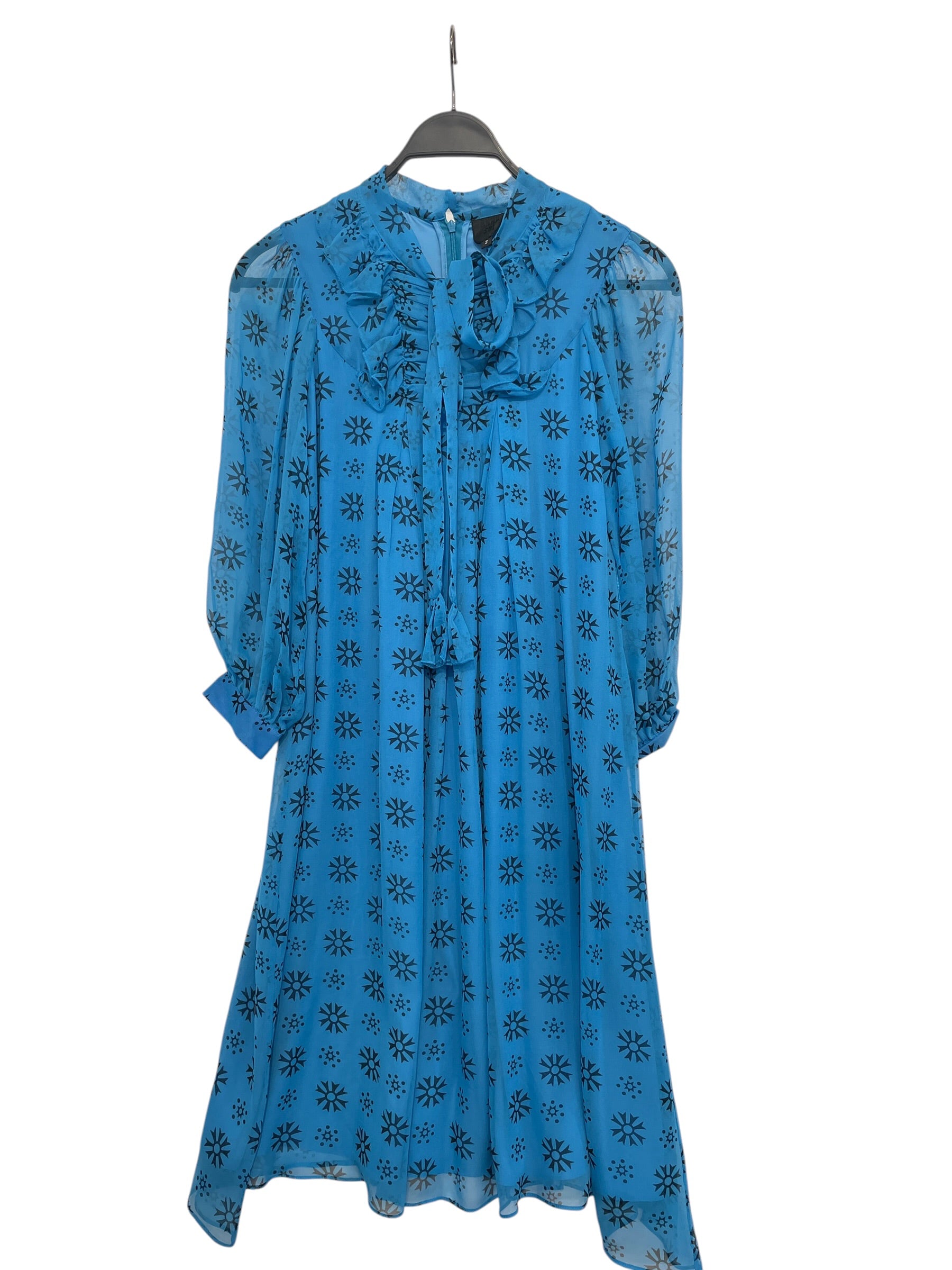 ANNA SUI/LS Dress/S/All Over Print/Silk/BLU/Midi Length/blk sun floral print, ruffle view 1