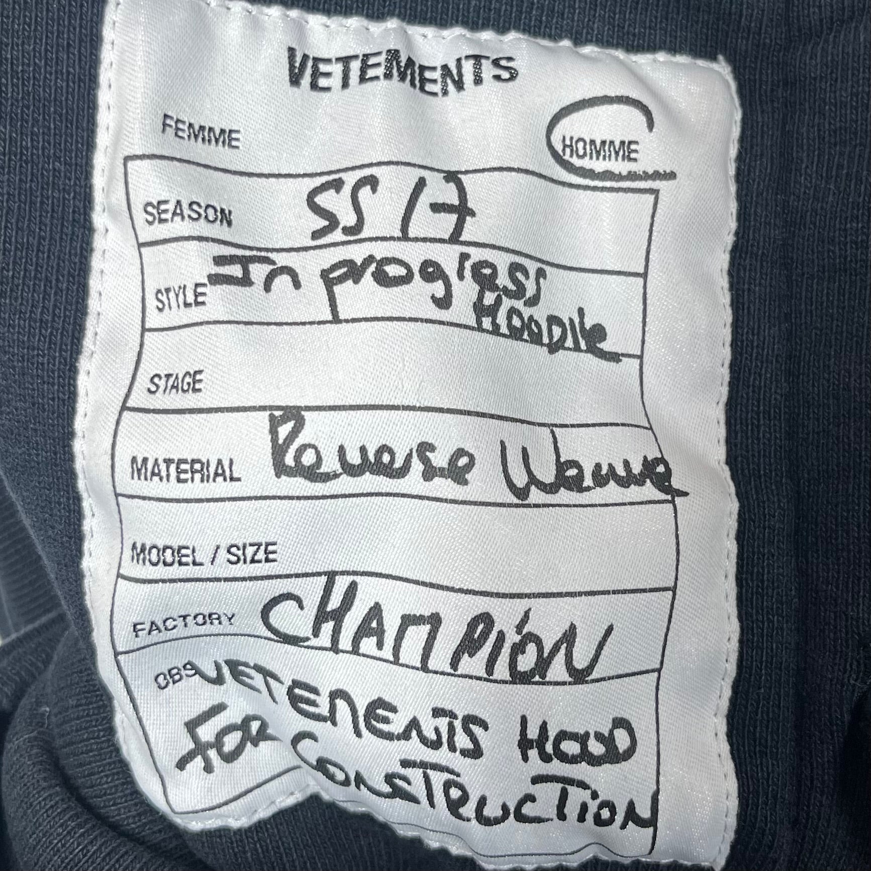 VETEMENTS/Champion/Hoodie/M/Cotton/Black/SS17 Small fit Zip-up view 3