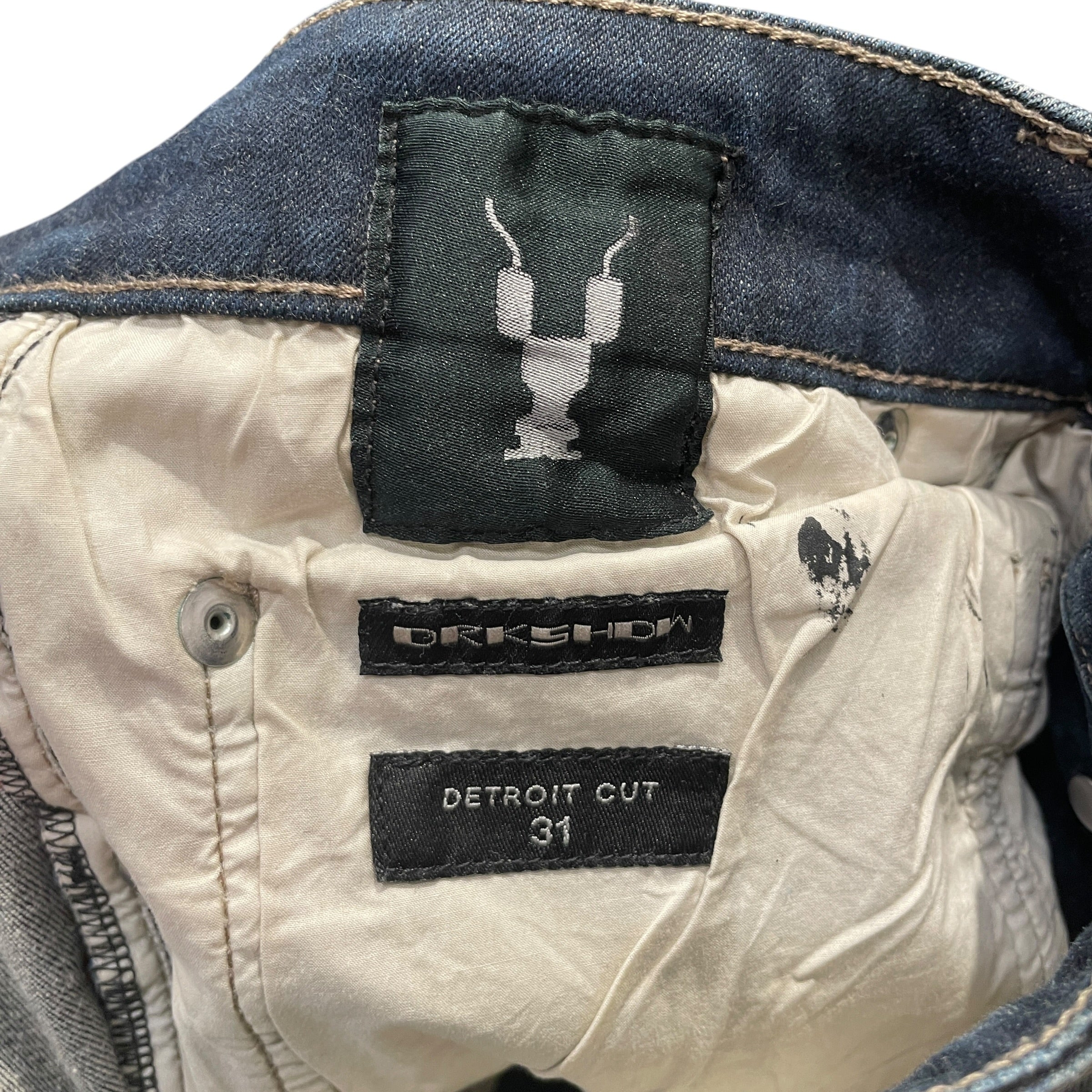 RICK OWENS DRKSHDW/Skinny Pants/31/Cotton/NVY/All Over Print/COLOR BLOCK W RED STITCH view 3