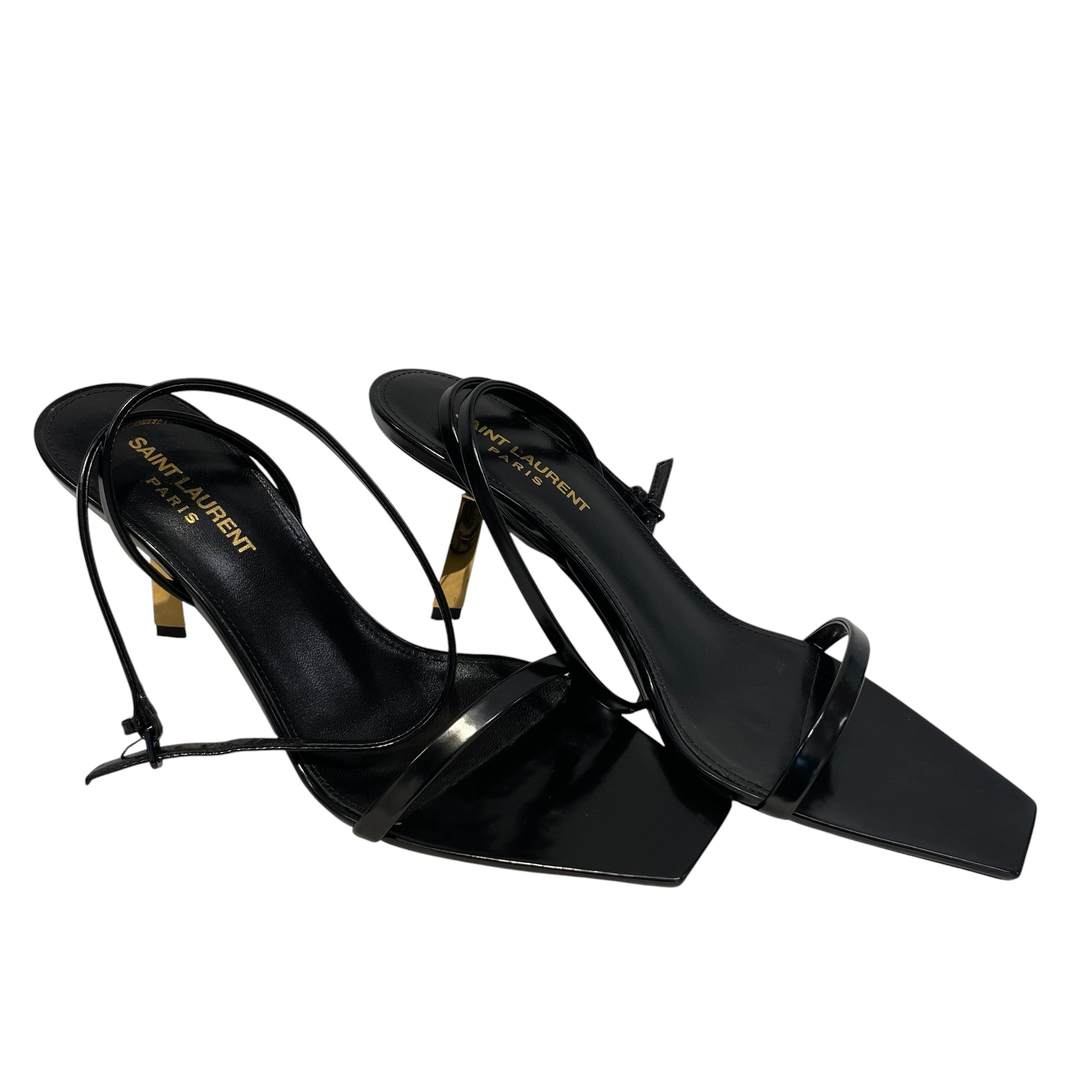 YVES SAINT LAURENT/Heels/US 8.5/Leather/BLK/gld heel/oepn toe/blk straps view 1