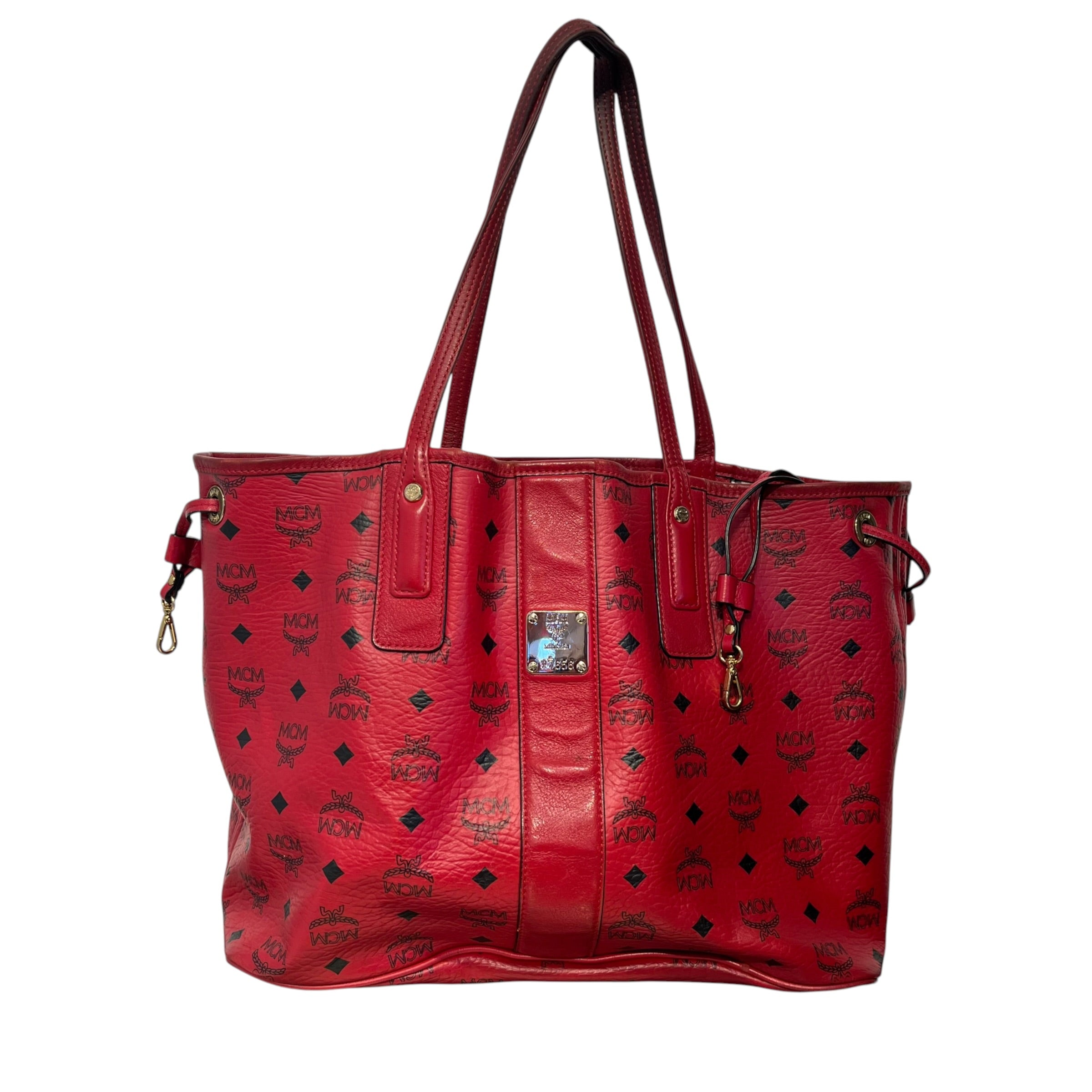 MCM/Tote Bag/Monogram/Leather/RED/Reversible with plaid view 1
