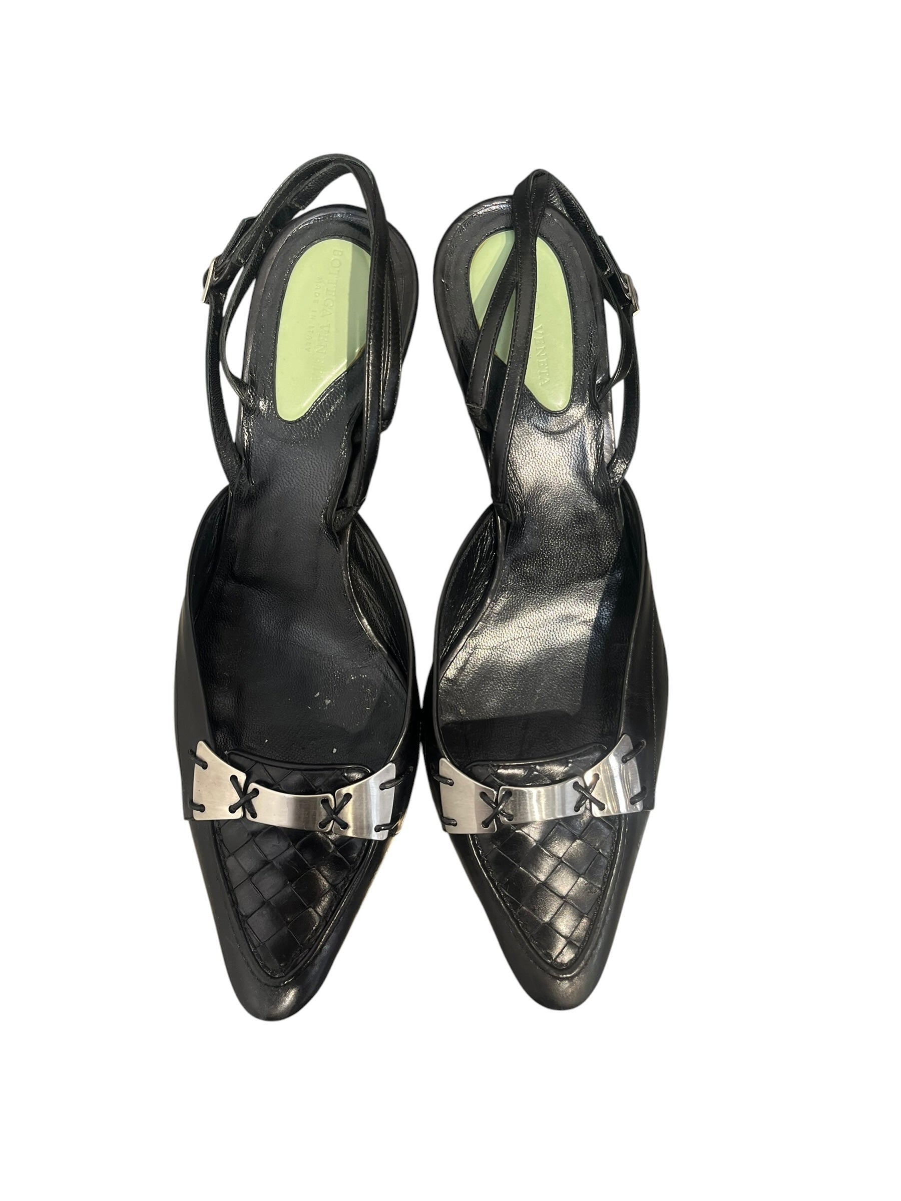 BOTTEGA VENETA/Heels/EU 37.5/Leather/BLK/Pointed-Toe/woven toe-silver overlay view 4