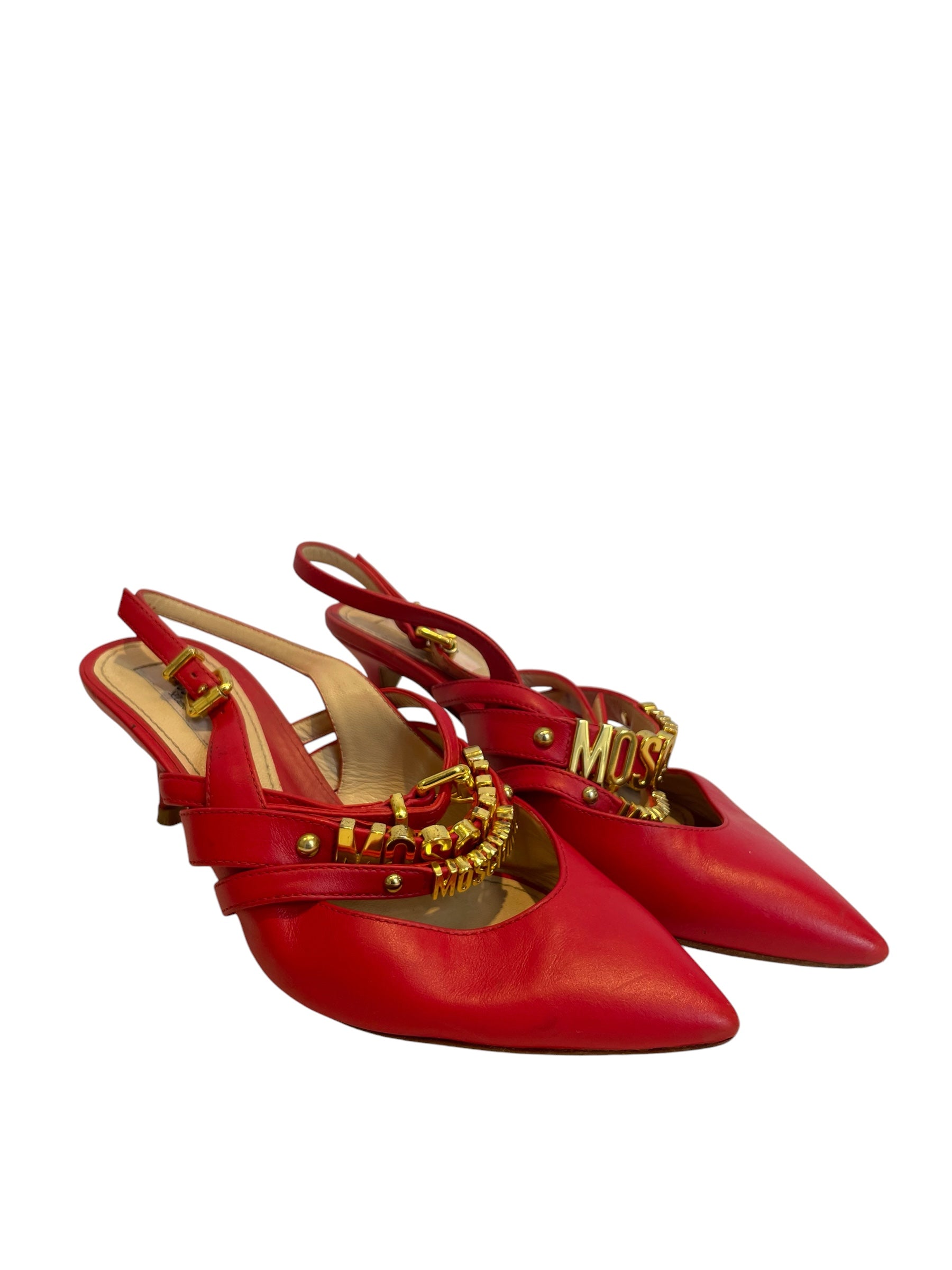 MOSCHINO/Heels/EU 38/Leather/RED/gld hard/2 front logos on hand view 1