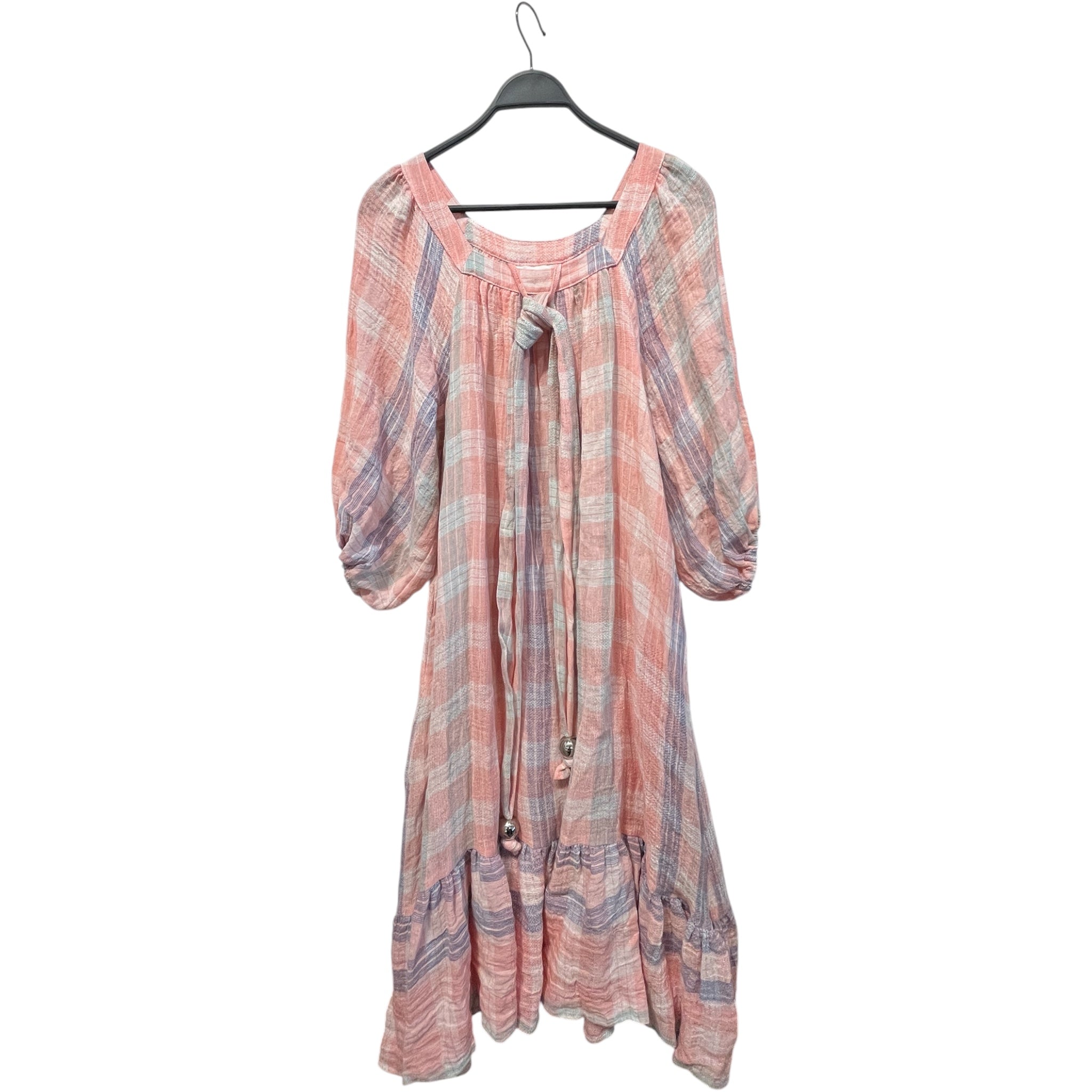 LISA MARIE FERNANDEZ/LS Dress/2/Plaid/Linen/PNK/Maxi Length/PURPLE/WHITE METALBALL TIE view 1