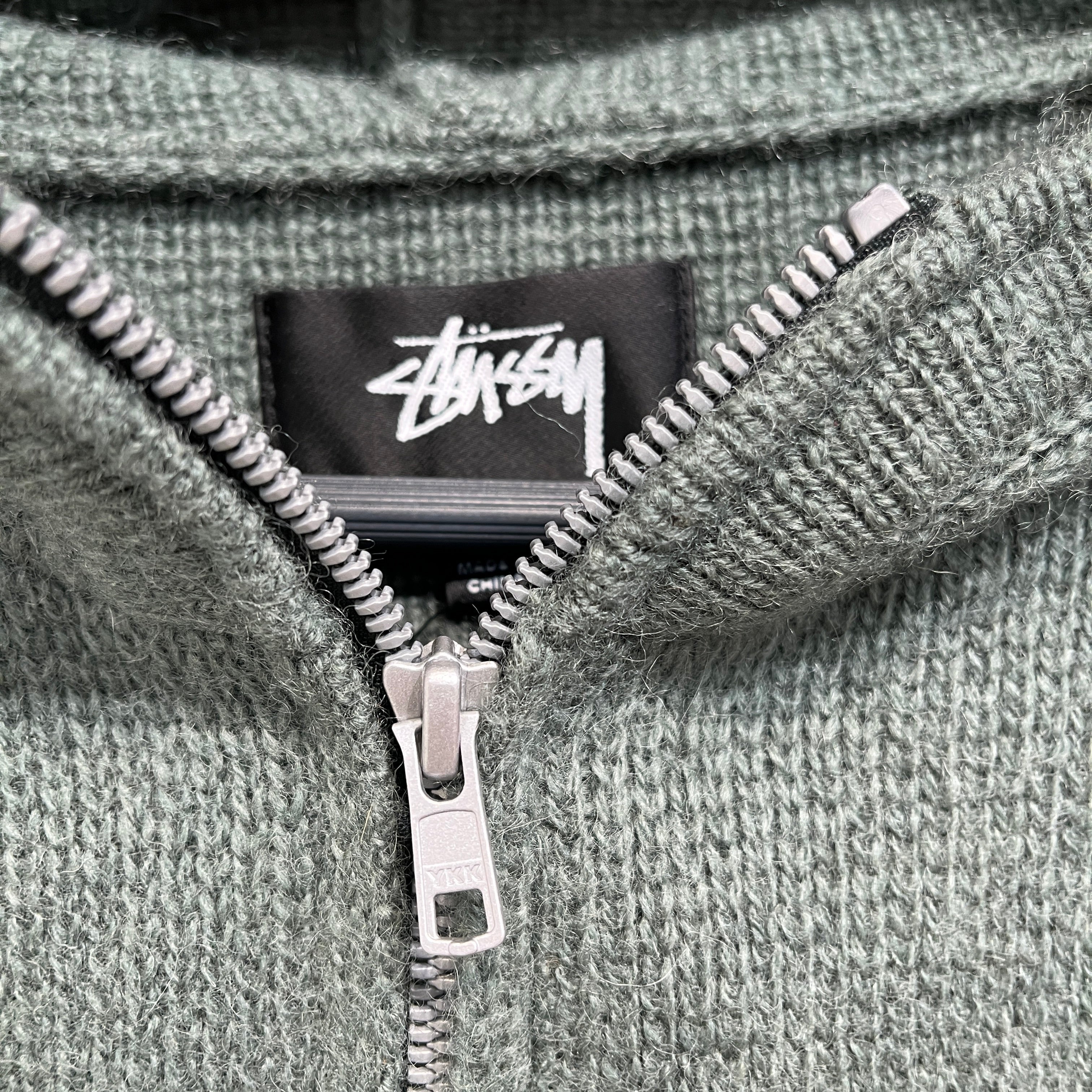 STUSSY/Zip Up Hoodie/L/Wool/GRN/3/4 knit hoodie view 4