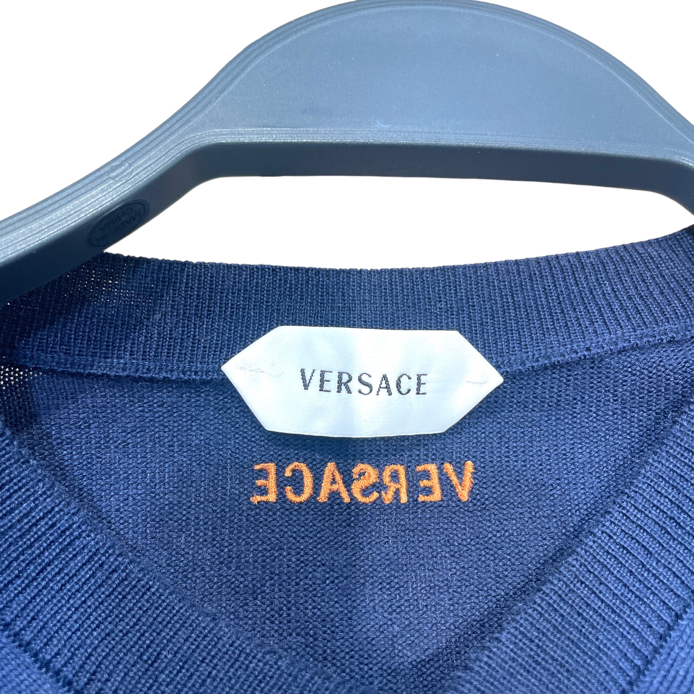 VERSACE/Sweater/M/Cotton/NVY/Cotton Knit Logo Top view 3