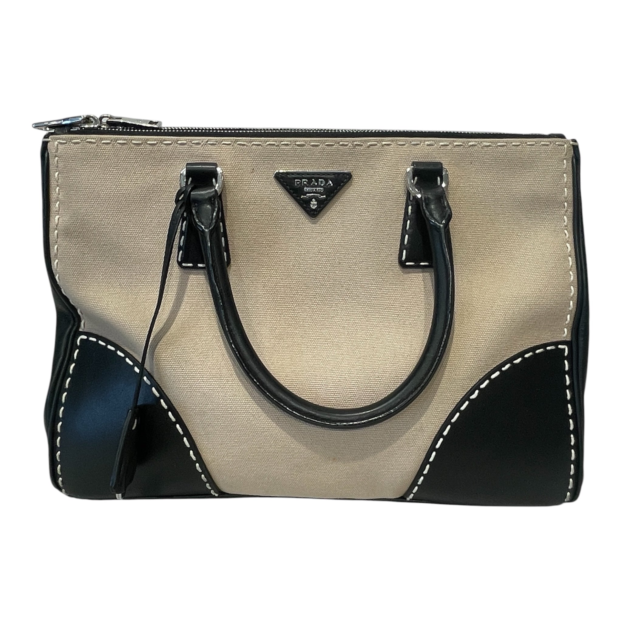 PRADA/Cross Body Bag/Leather/BLK/CANAPA CITY STITCH/BEIGE view 1