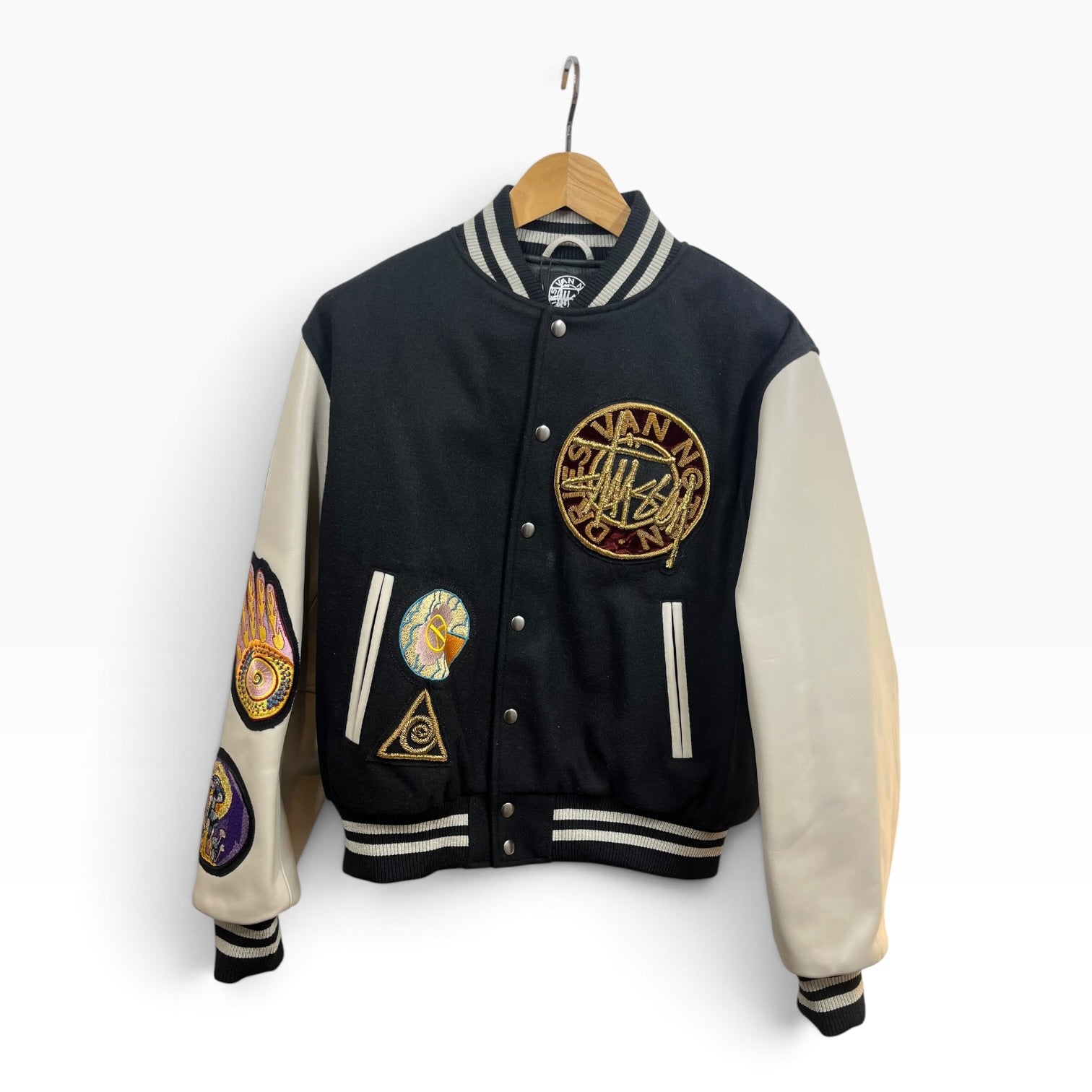 STUSSY/DRIES VAN NOTEN/Jacket/M/Wool/BLK/Varsity Jkt W/ Patches view 1