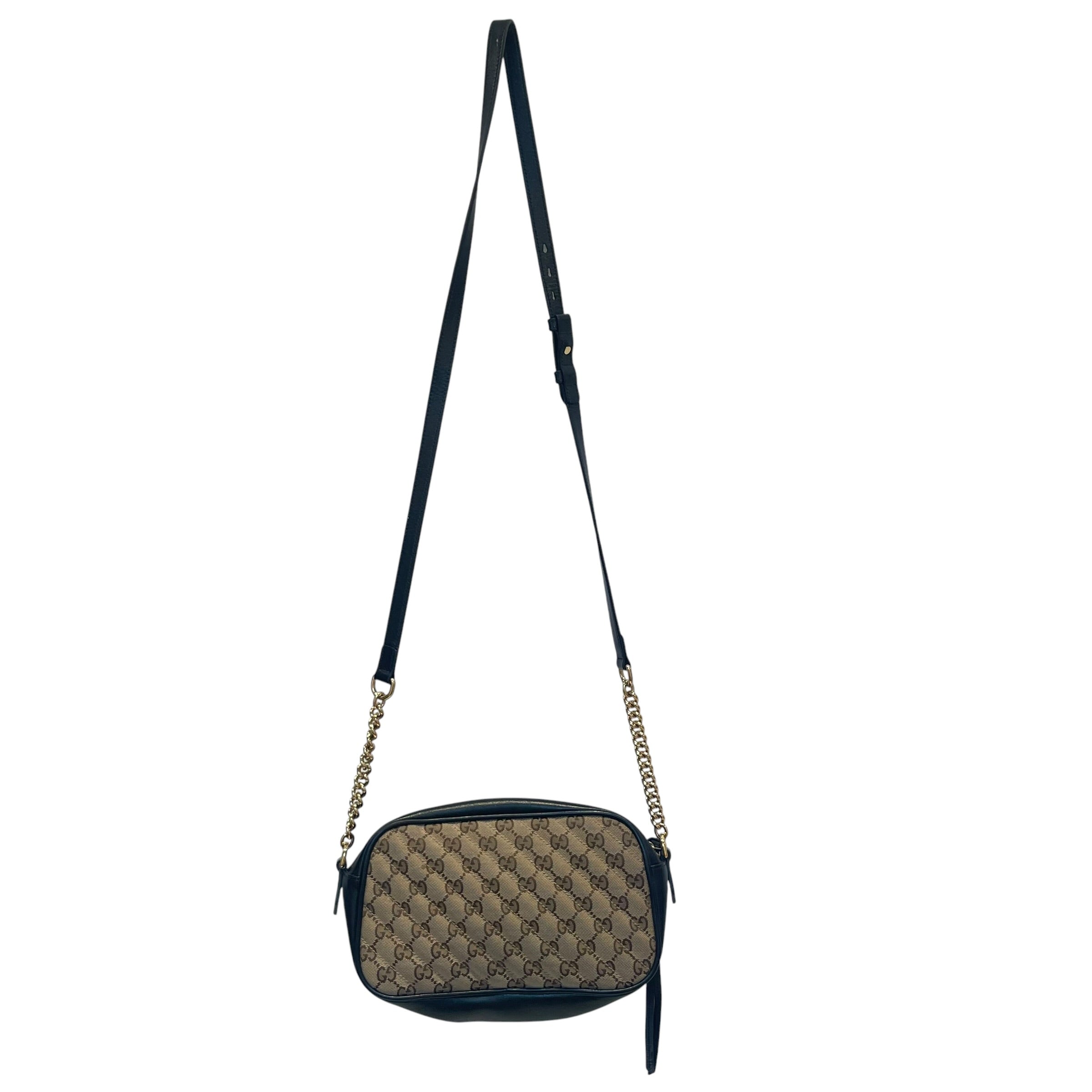 GUCCI/Cross Body Bag/Monogram/KHK/gold hardware on front view 2